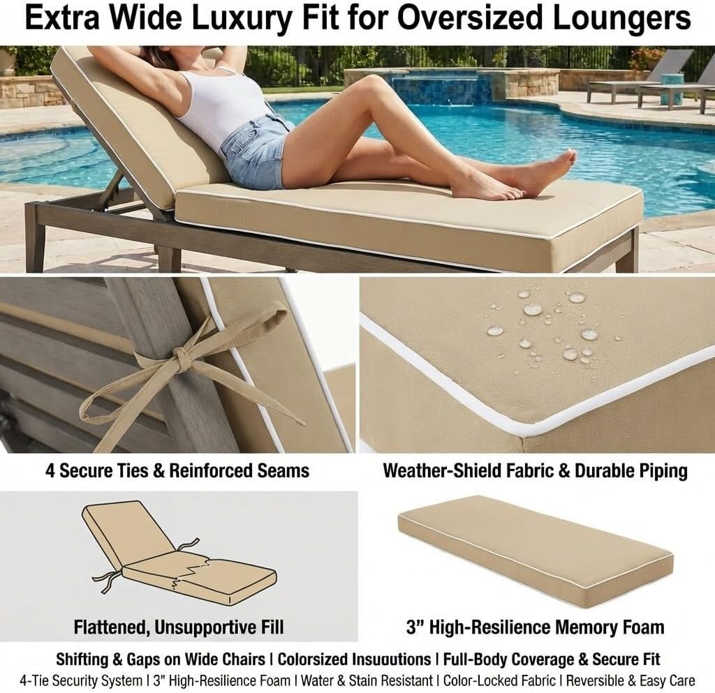 80 x 26 inch Outdoor Chaise Lounge Cushion Extra Wide High-Water Resistant 3" Resilience Foam Lounge Chair Cushion with 4 Ties for Patio Pool