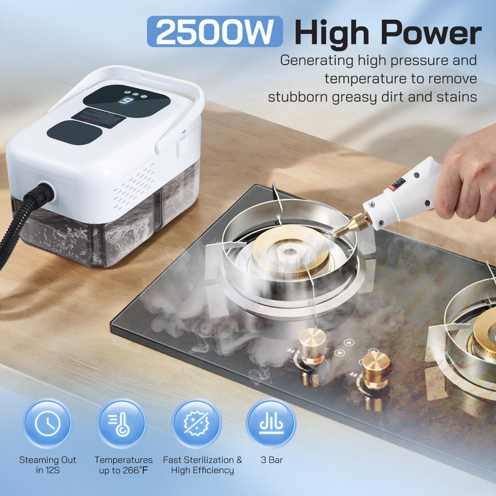 Limpiador de Vapor, 2500W Limpiador de Vapor de Mano con 6 Accesorios, Depósito 1200ml, 9 Niveles de Vapor para Cocina, Baño, Coche, Suelos & Azulejos