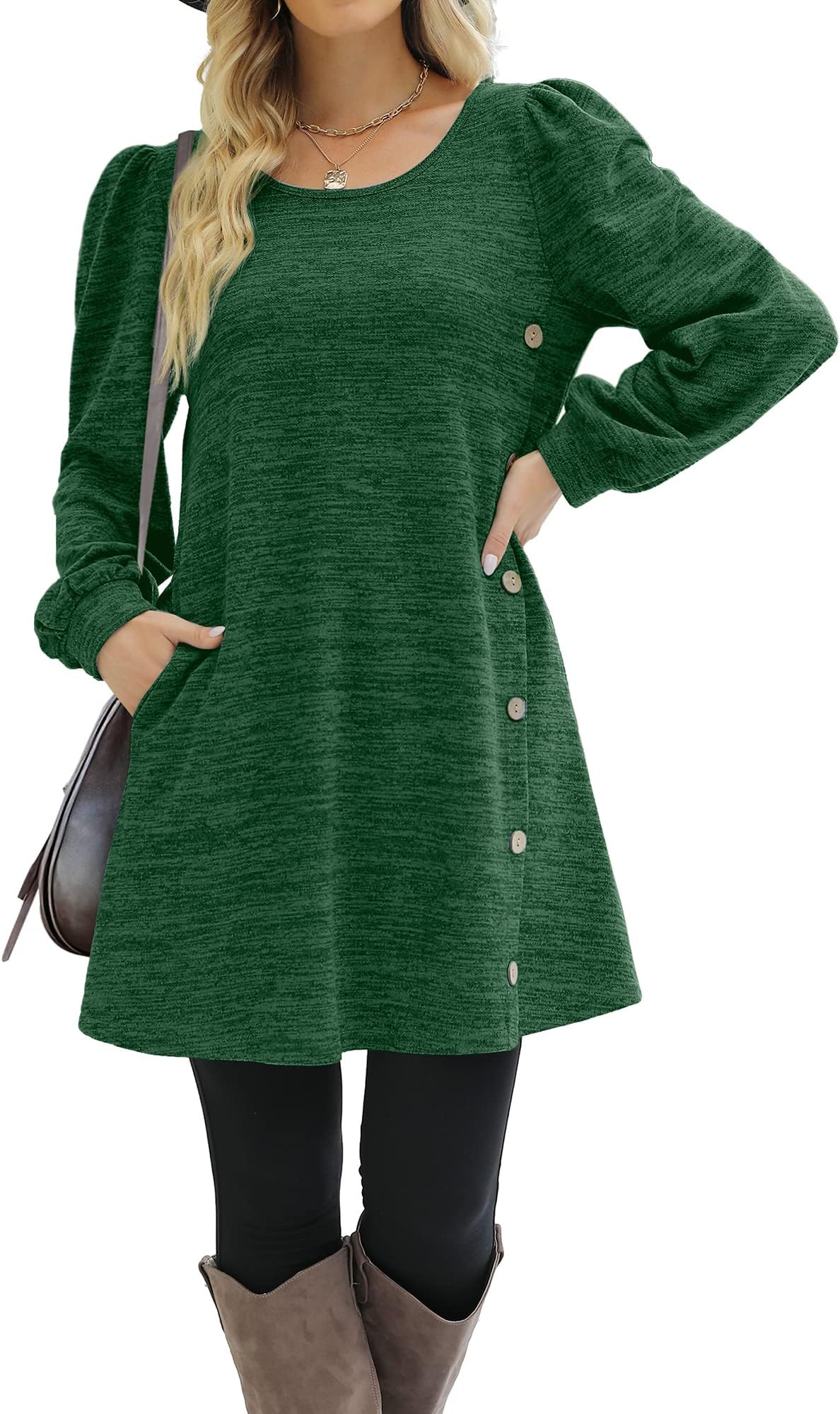XIEERDUO Women's Long Sleeve Dresses Button Side Scoop Neck Fall Dress Tunic with Pockets