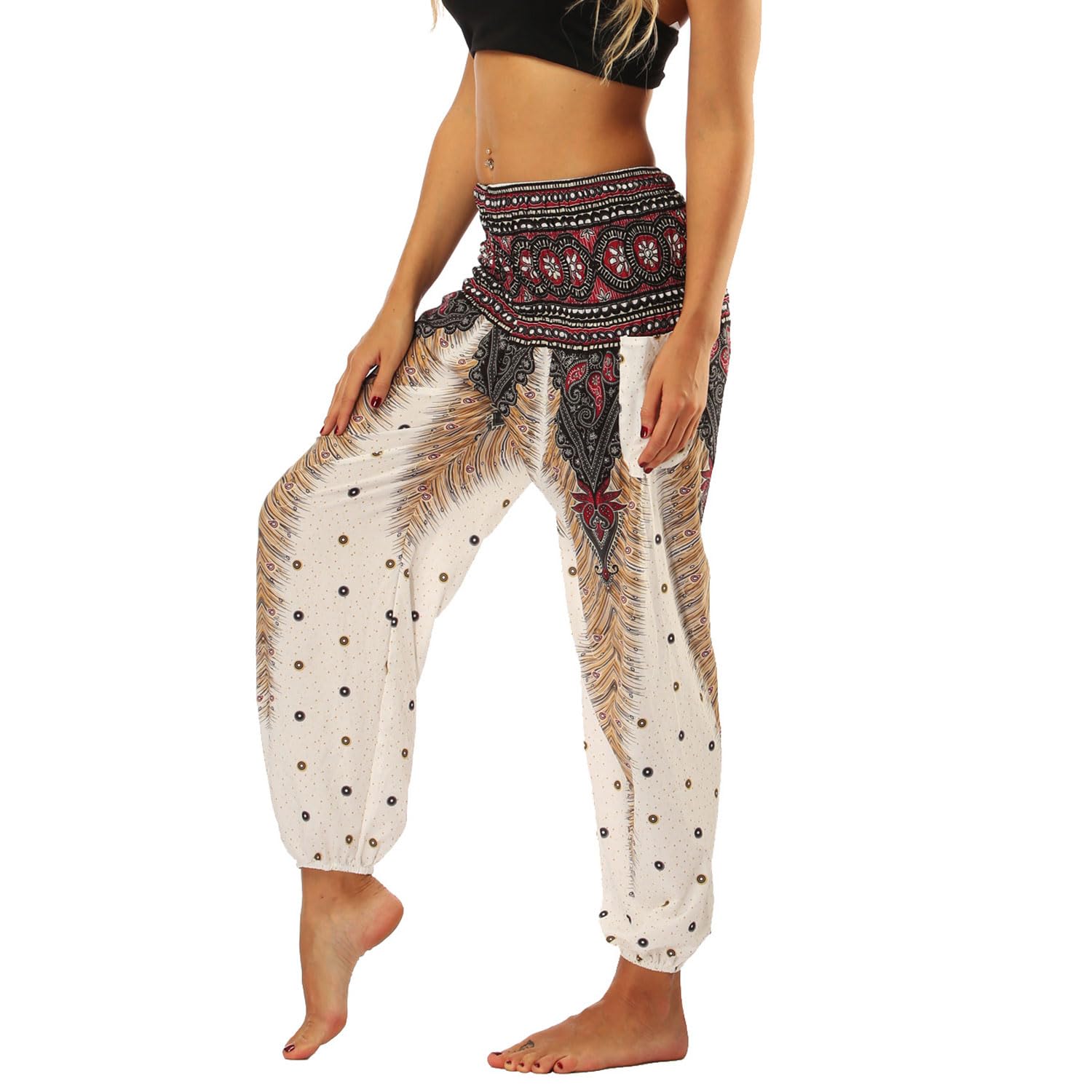Lu's Chic Pantalones bohemios para mujer, cintura fruncida, yoga, hippie, palazzo, verano, playa