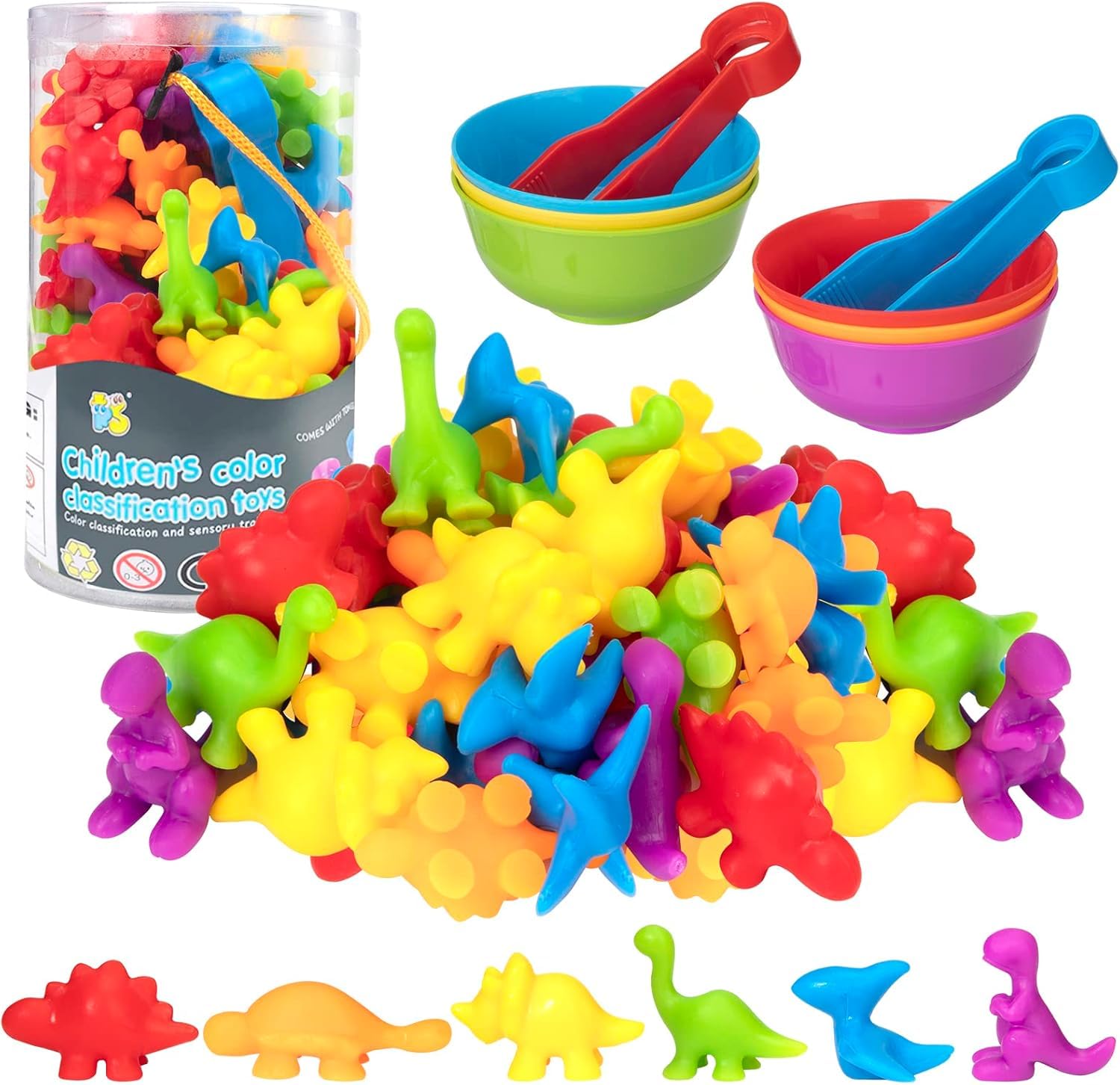 Dokpav Juguetes Didácticos para Niños de Animales: Set de 48 Piezas de Juguetes de Dinosaurios para Contar y Clasificación de Colores con Pinzas y Tazones de Clasificación