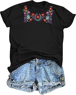 FAYALEQ Mexican Shirts for Women Boho Embroidered Floral Shirt Fiesta Tops