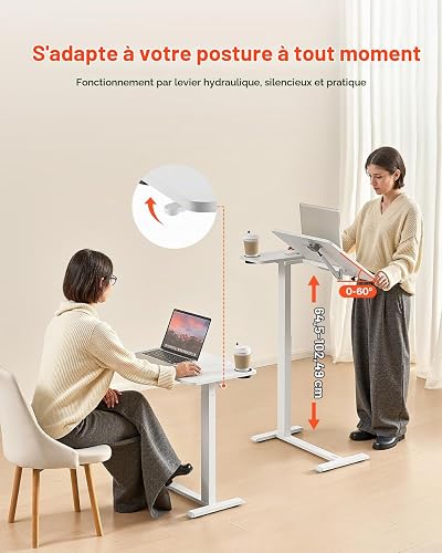 VEVOR Tavolino da Letto Mobile con Scrivania Ribaltabile e 4 Ruote Nascoste, Scrivania per Laptop, Ruote Regolabili in Altezza e Angolazione con Portabicchieri, Portatile da Letto, Bianco - 2