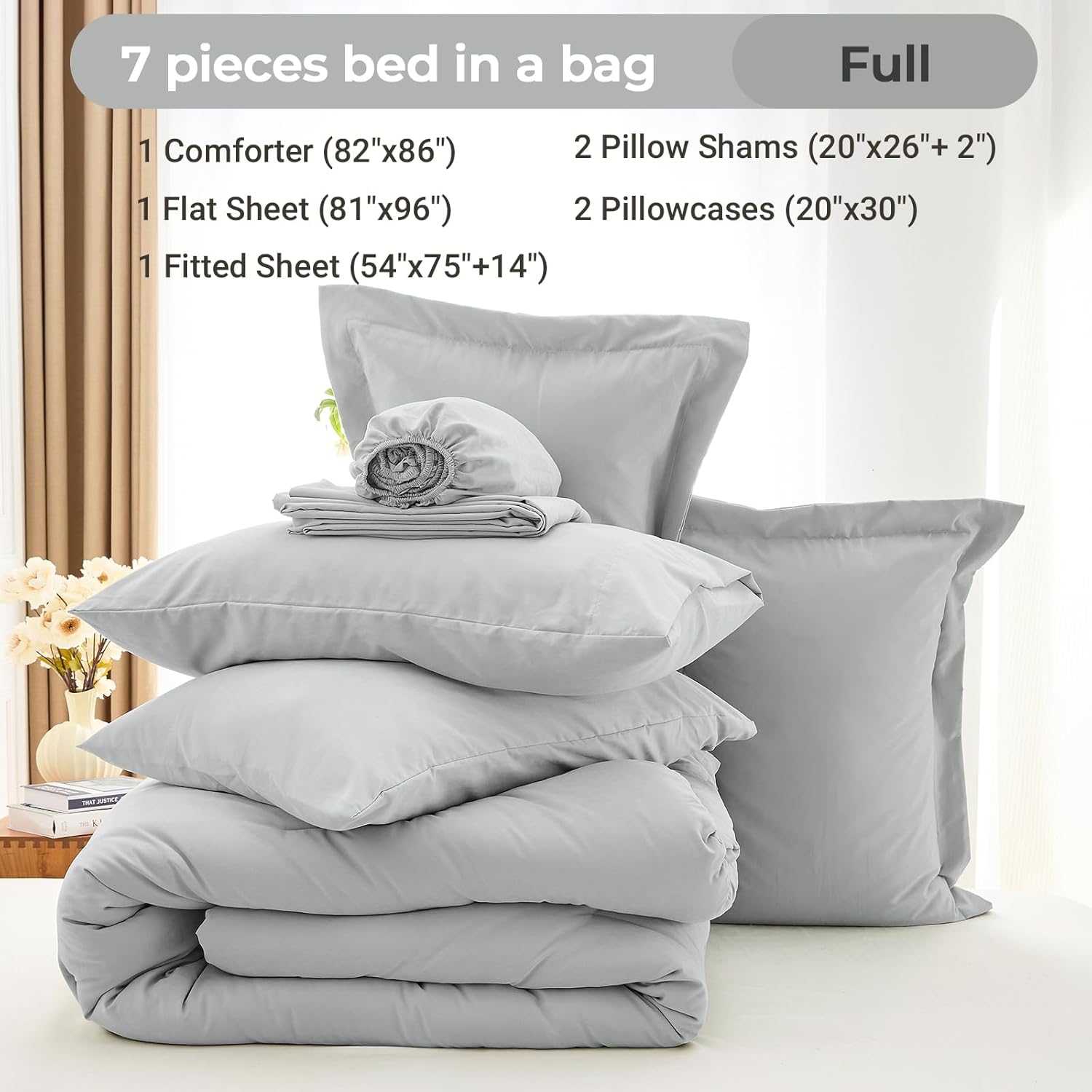 MUXHOMO 7 Pieces Full Comforter Set, Soft Bed in a Bag Full Size, All Season Bedding Set with Comforter, Flat Sheet, Fitted Sheet, Pillowcases & Shams, Light Grey - Image 4