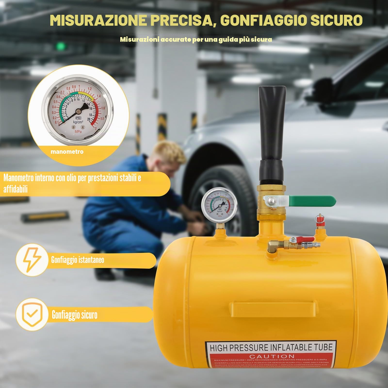 Booster per Pneumatici 20L, Caricatore Pneumatici Tubeless con Manometro per Auto, Camion, Trattori, ATV e Camper, Compressore Aria Booster per Pneumatici con Valvola di Sicurezza