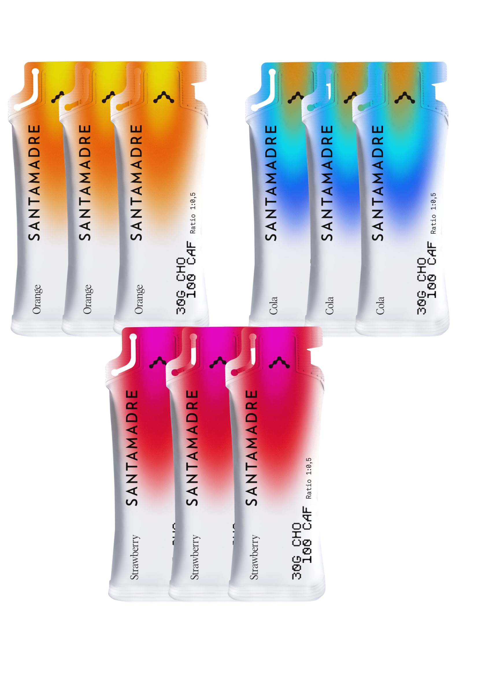 SANTA MADRE | Gel Energético con cafeína | Pack 9 unidades | 30CHO 100 CAF | Sabores variados: 3 orange, 3 strawberry, 3 cola | energy Gel | Tamaño 9x60g | Liquid Gel