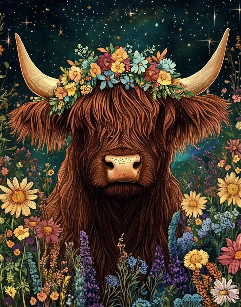 Stamped Cross Stitch Kits for Adults Beginners, Highland Cattle Wearing A Floral-Wreath Hat DIY Cross Stitch Patterns Kits Printed Dimensions Needlepoint Kits,Crafts Embroidery Kits for Home