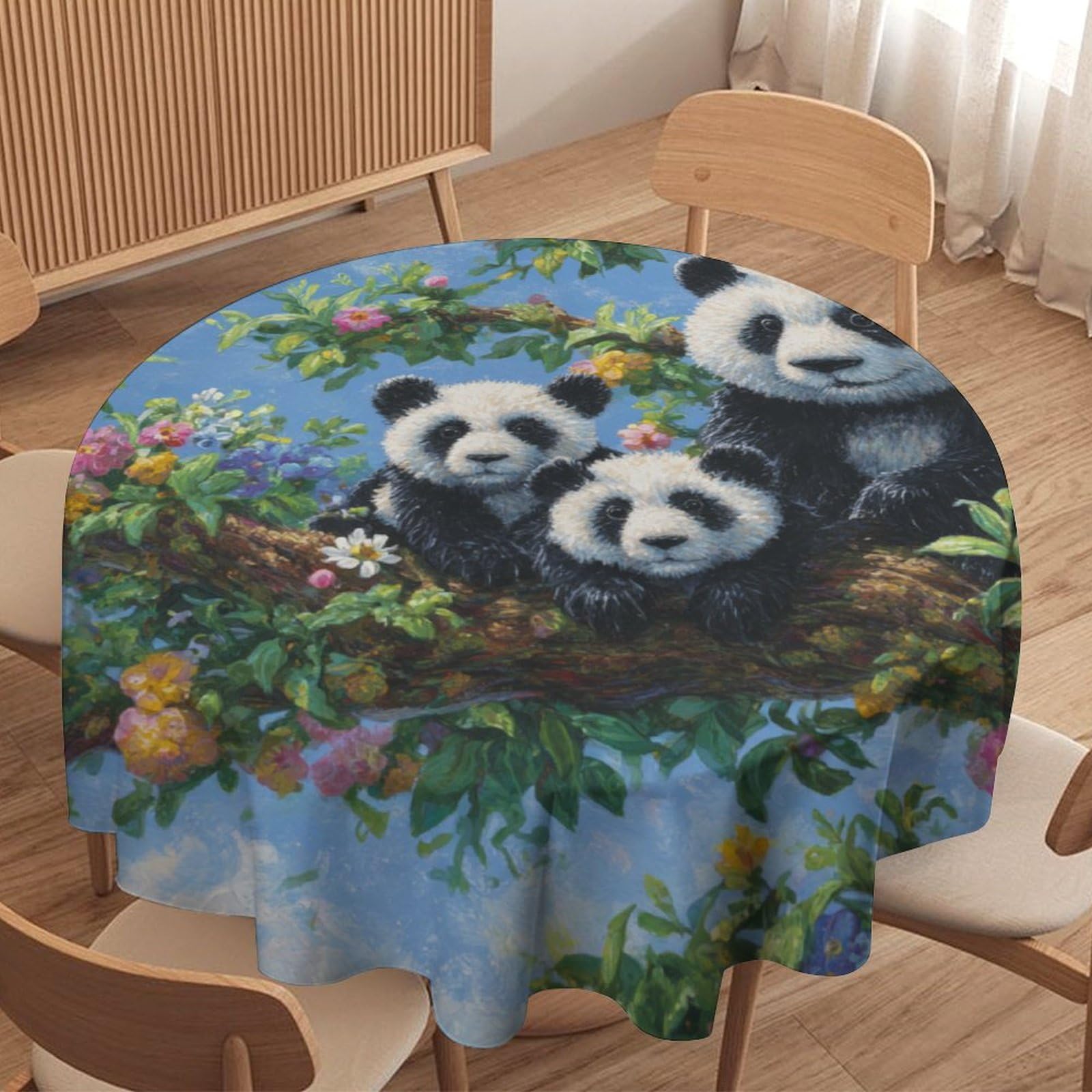LUYYSKY Rustic Colorful Wildlife Pandas Waterproof Round Tablecloth Classic Natural Spring Plants Tree Animals Pandas Butterflies Pattern Washable Table Cover for Kitchen-127 Wx127 L cm