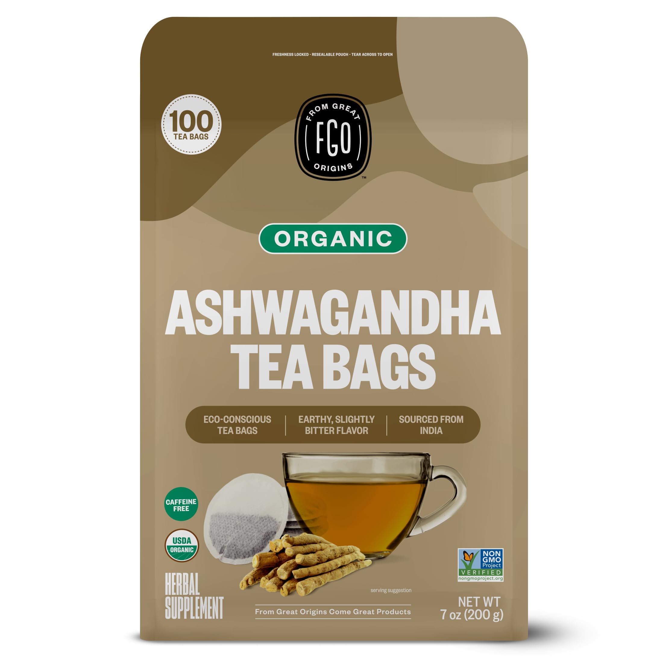 FGO Organic Ashwagandha Tea, 100 Count, Eco-Conscious Herbal Tea Bags, Resealable Bag, Caffeine Free, Packaging May Vary (Pack of 1)
