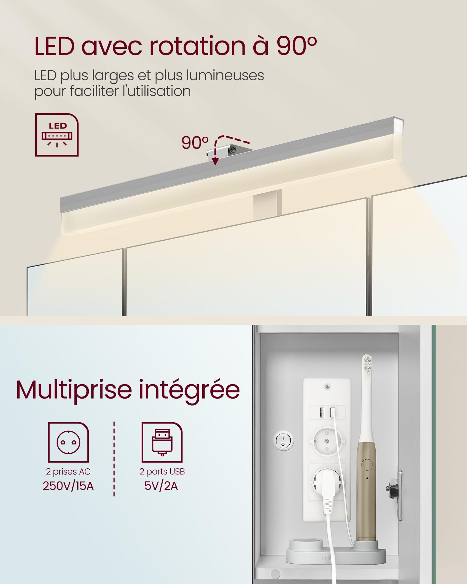 VASAGLE Meuble de Salle de Bain avec Éclairage LED, 16,5 x 70 x 75 cm, Multiprise, Panier Suspendu, Support pour Sèche-Cheveux, pour Salle de Bain, Lavabo, Blanc Nuage BBK126W01