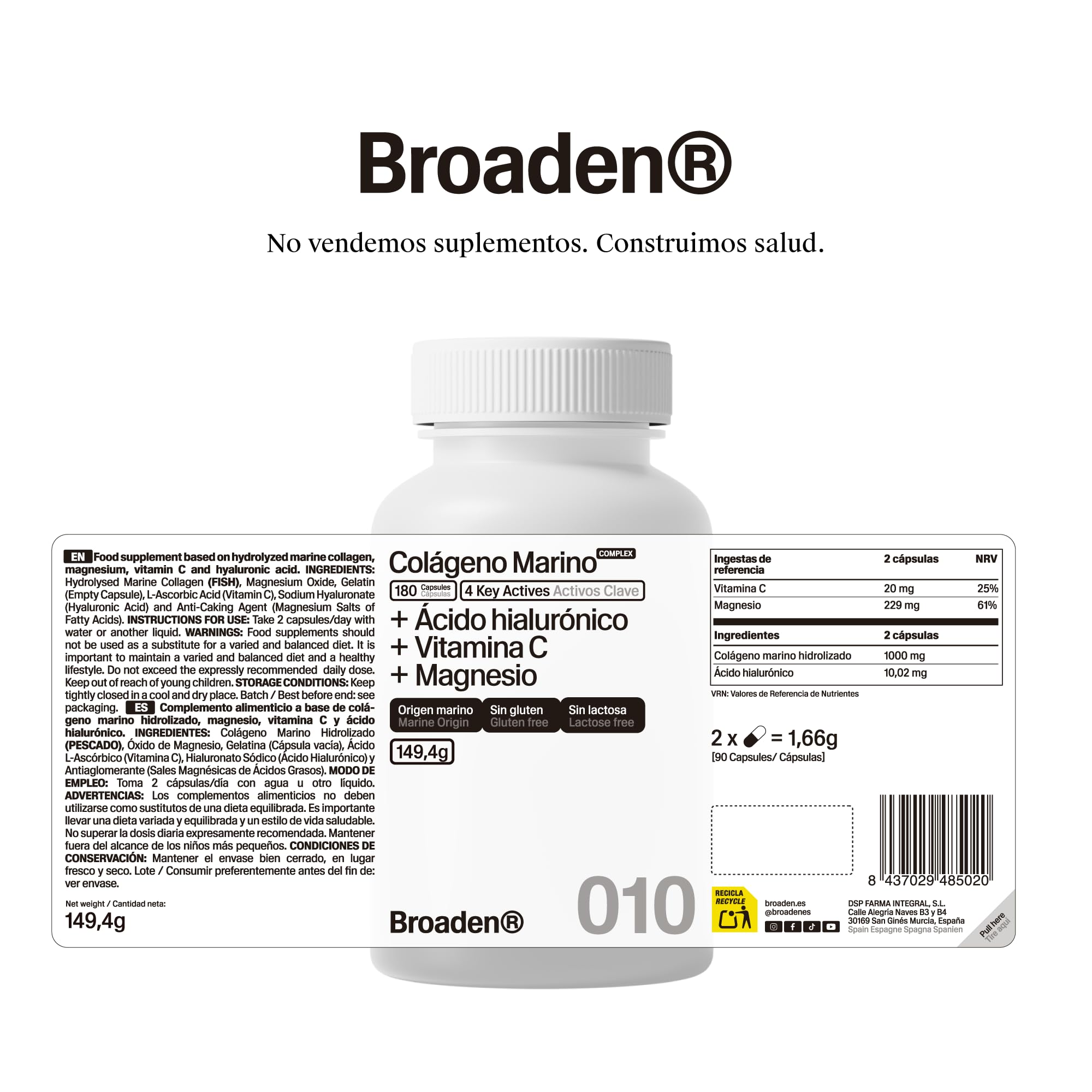 180 Cápsulas Colágeno Marino Hidrolizado COMPLEX con Ácido Hialurónico + Vitamina C + Magnesio (180 Cápsulas) - 3