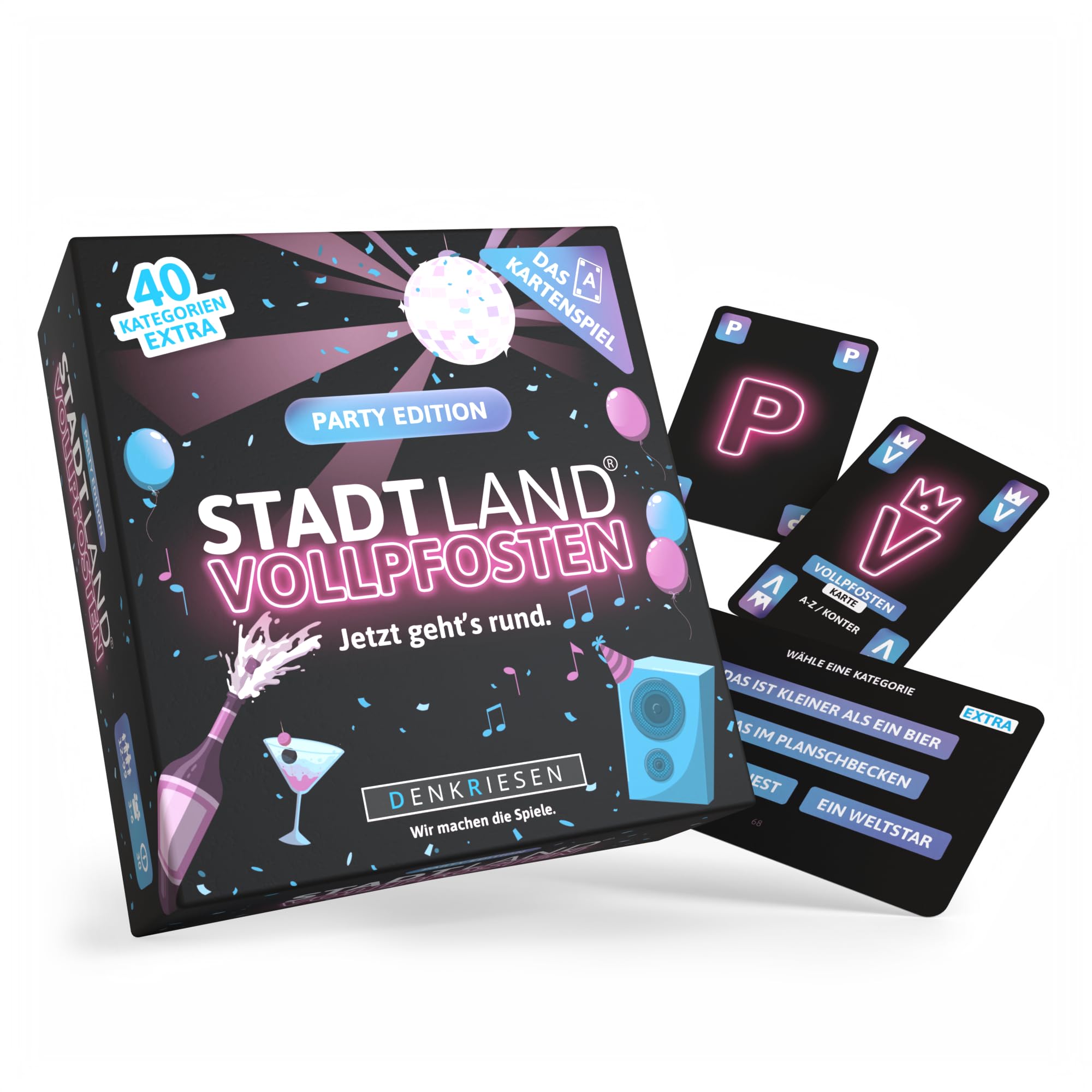 DENKRIESEN - Stadt Land Vollpfosten® – Das Kartenspiel - Party Edition - 'Jetzt geht's rund.' | Reisespiel | 240 Kategorien | ab 12 Jahren | 3-6 Spieler | Partyspiel | Stadt Land Fluss