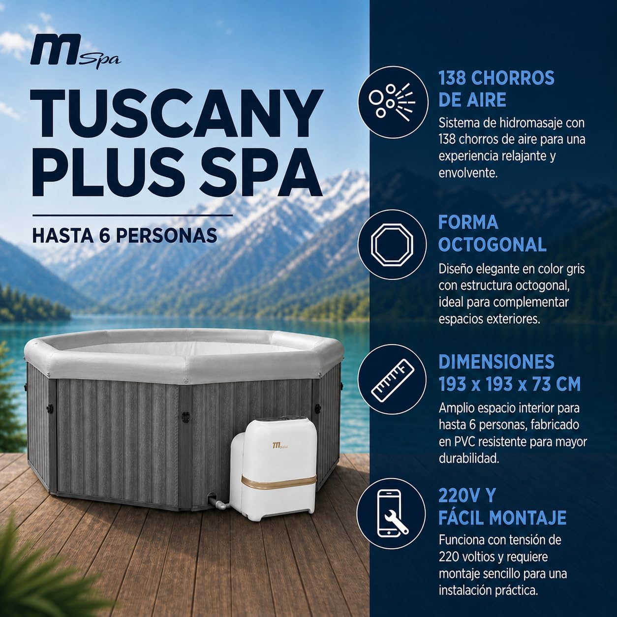 MSpa Tuscany SPA rígido Octogonal 4-6 Personas con hidromasaje Air Jet, calefacción, filtración Inteligente y desinfección UVC