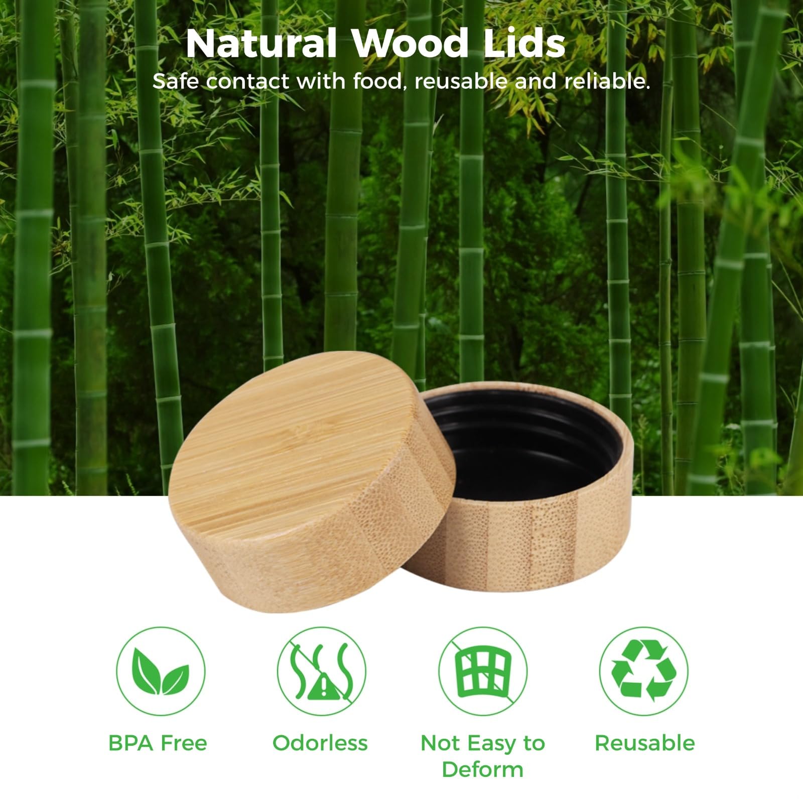 48 coperchi per barattoli in legno naturale, riutilizzabili, a prova di perdite, per barattoli da 113,4 g e 170,1 g, coperchi rotondi con fili di plastica