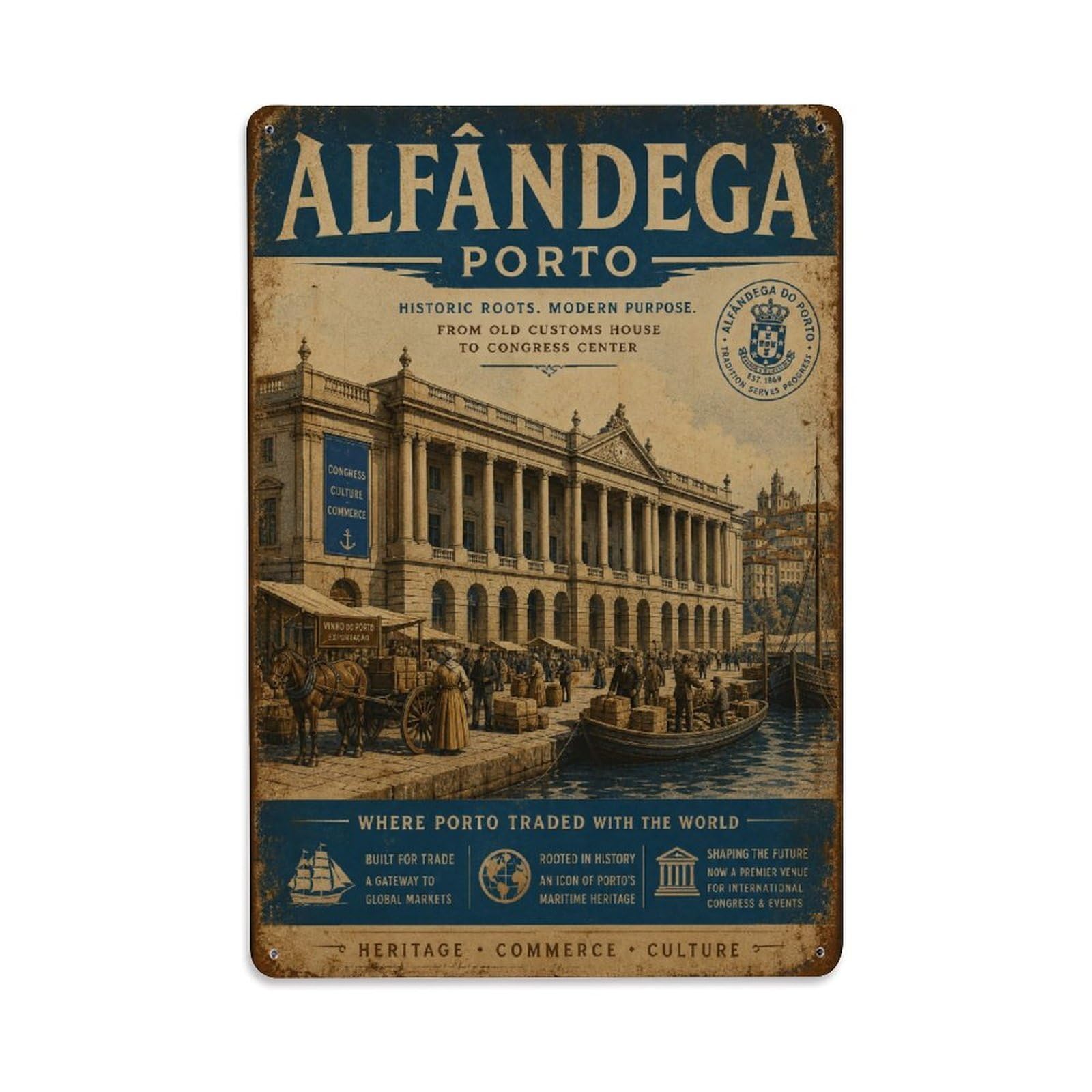 Yrnq 08X12inch Vintage Style Vintage Alfandega Congress Centre Neoclassical Portugal Metal Tin Sign