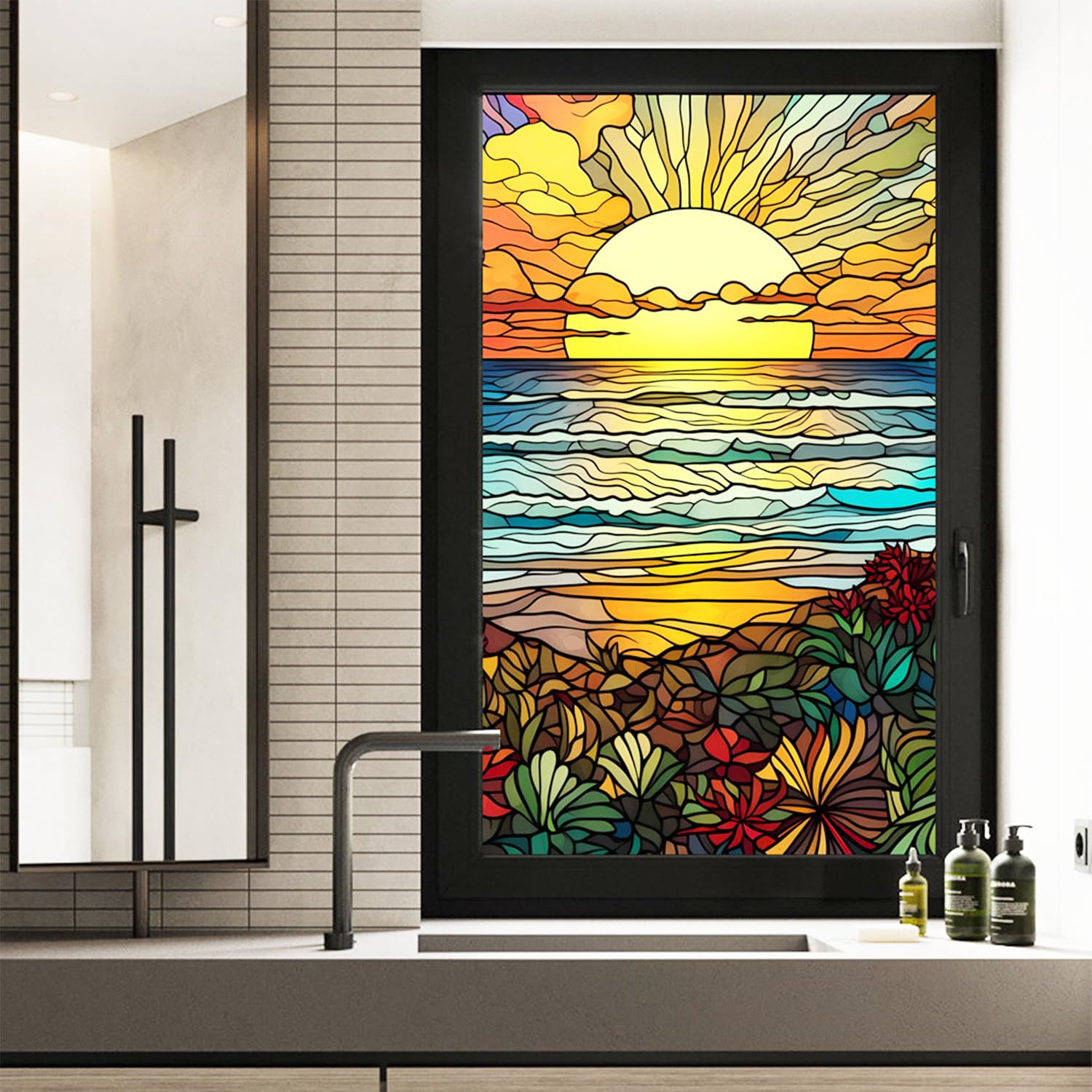 WBQMUNY Sunrise Painted Frosted Static Cling Decorative Window Film,Non Adhesive Privacy Film,Stained Glass Window Film for Bathroom Shower Door Heat Anti UV 17.7