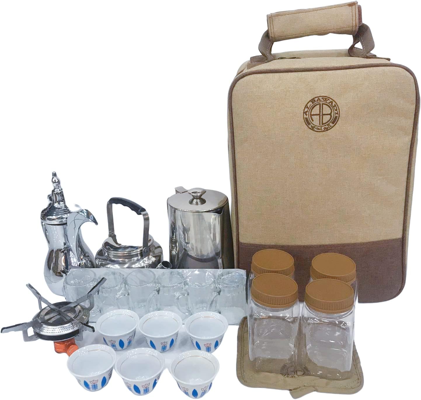 ALBAWADIArabic Camping Tea Coffee Kits with Stove Teapot Cup Windboard Bag Sets