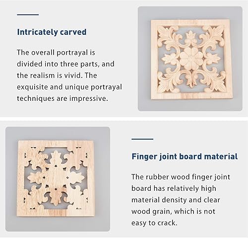 Miniatura 4 de SUPERFINDINGS 2 piezas de 5.9 pulgadas cuadradas de madera maciza natural tallada onlay apliques artesanales sin pintar para muebles puerta gabinete