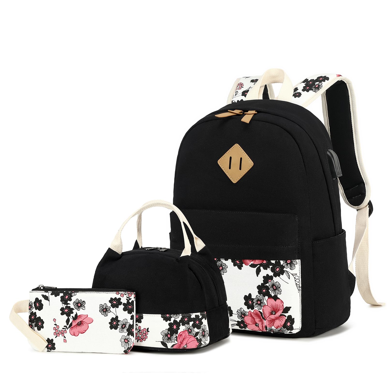 FADOVYE Travel Laptop Backpack School Backpacks for Teen Girls Women, Kids Bookbag Travel Daypacks with Lunch Bag and Pencil Bag, Floral