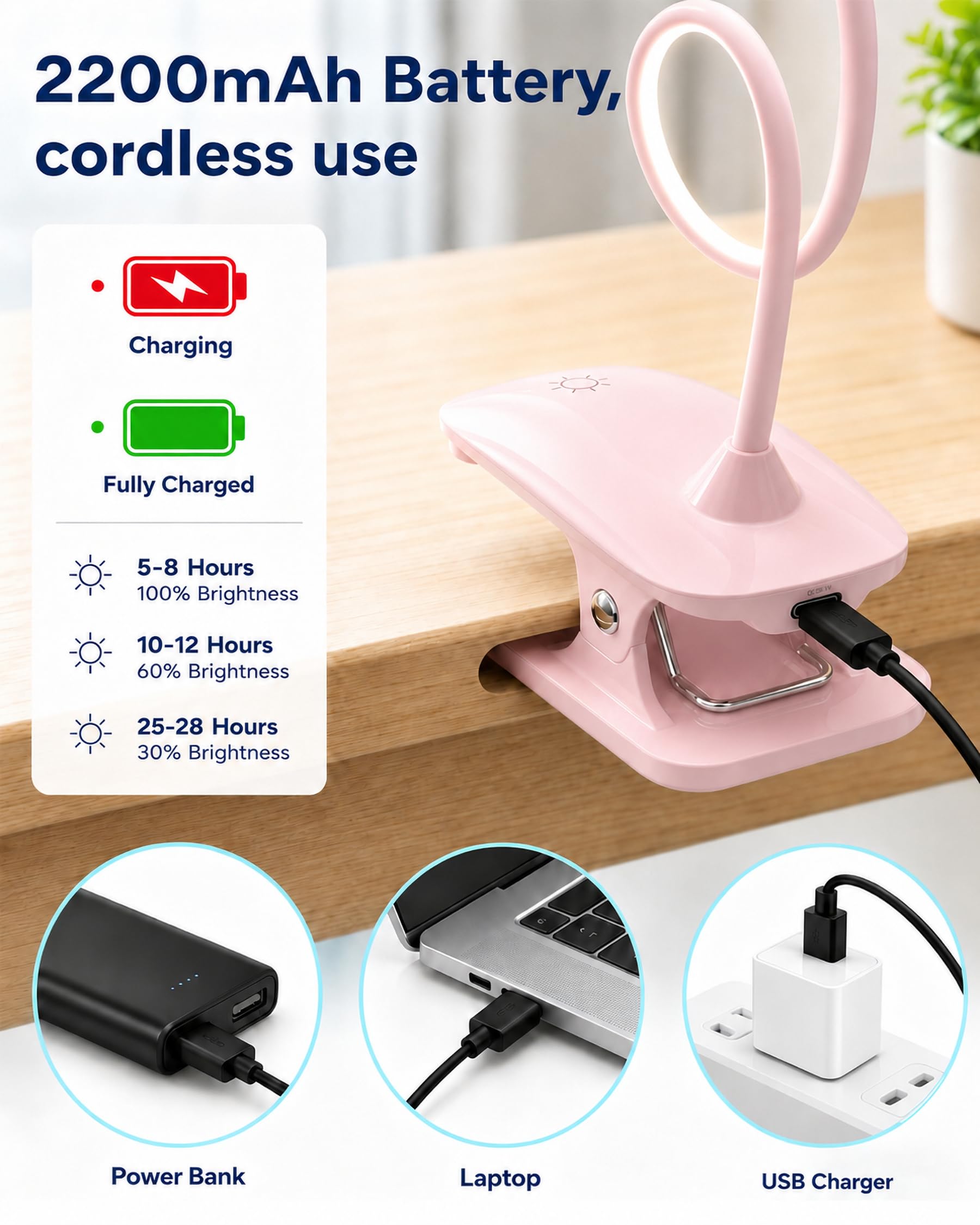 Lampada da lettura a clip, 5 W per testiera del letto, lampada da lettura alimentata a batteria, dimmerabile al tatto, luce da lettura ricaricabile tramite USB, luce a morsetto per braccio