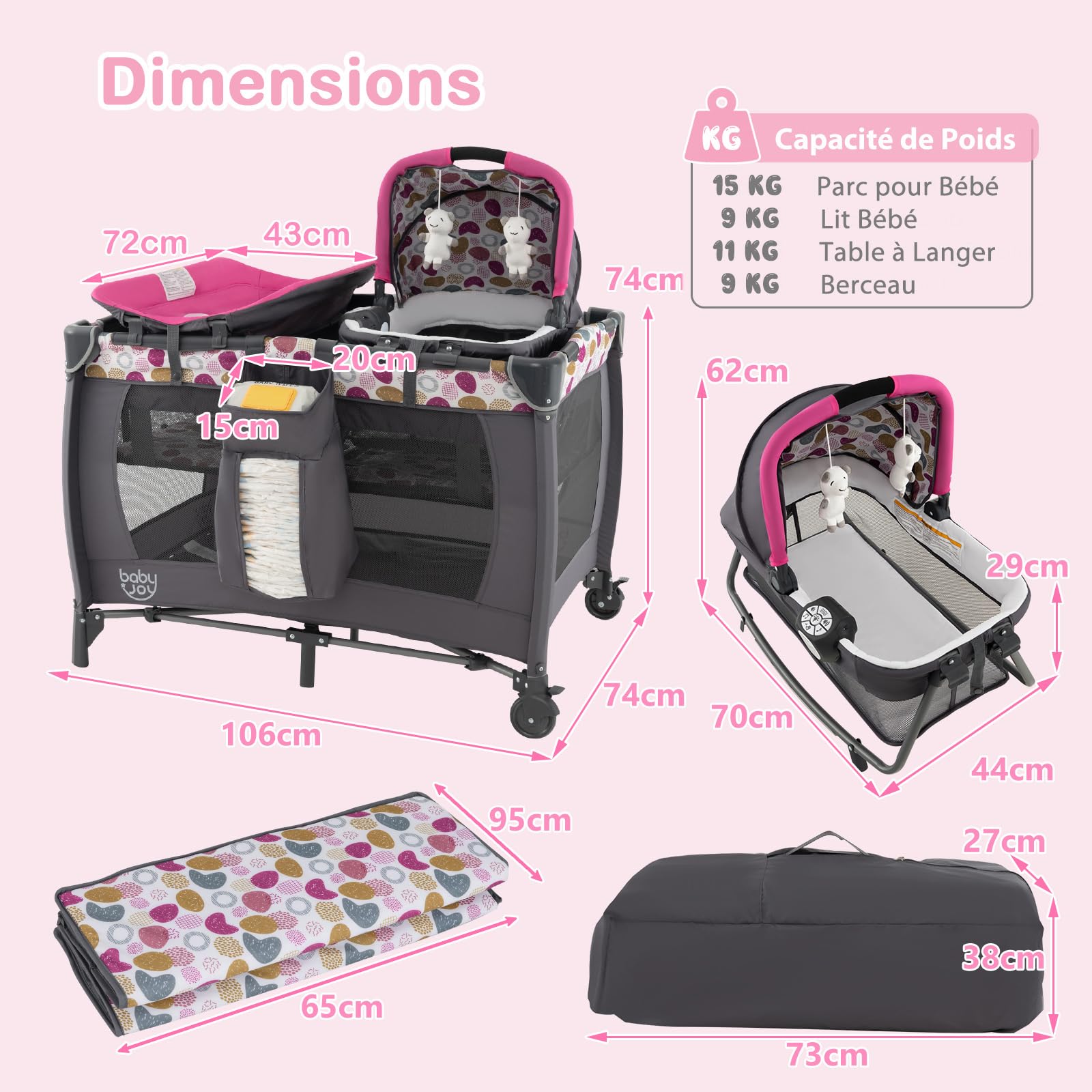 GOPLUS Lit Parapluie Bebe 5 en 1, Lit Bebe Evolutif de Voyage avec Parc, Table à Langer, roulettes Verrouillables et Sac de Transport, Boîte à Musique, 2 Jouets Mobiles, Charge 15KG (Fuchsia)
