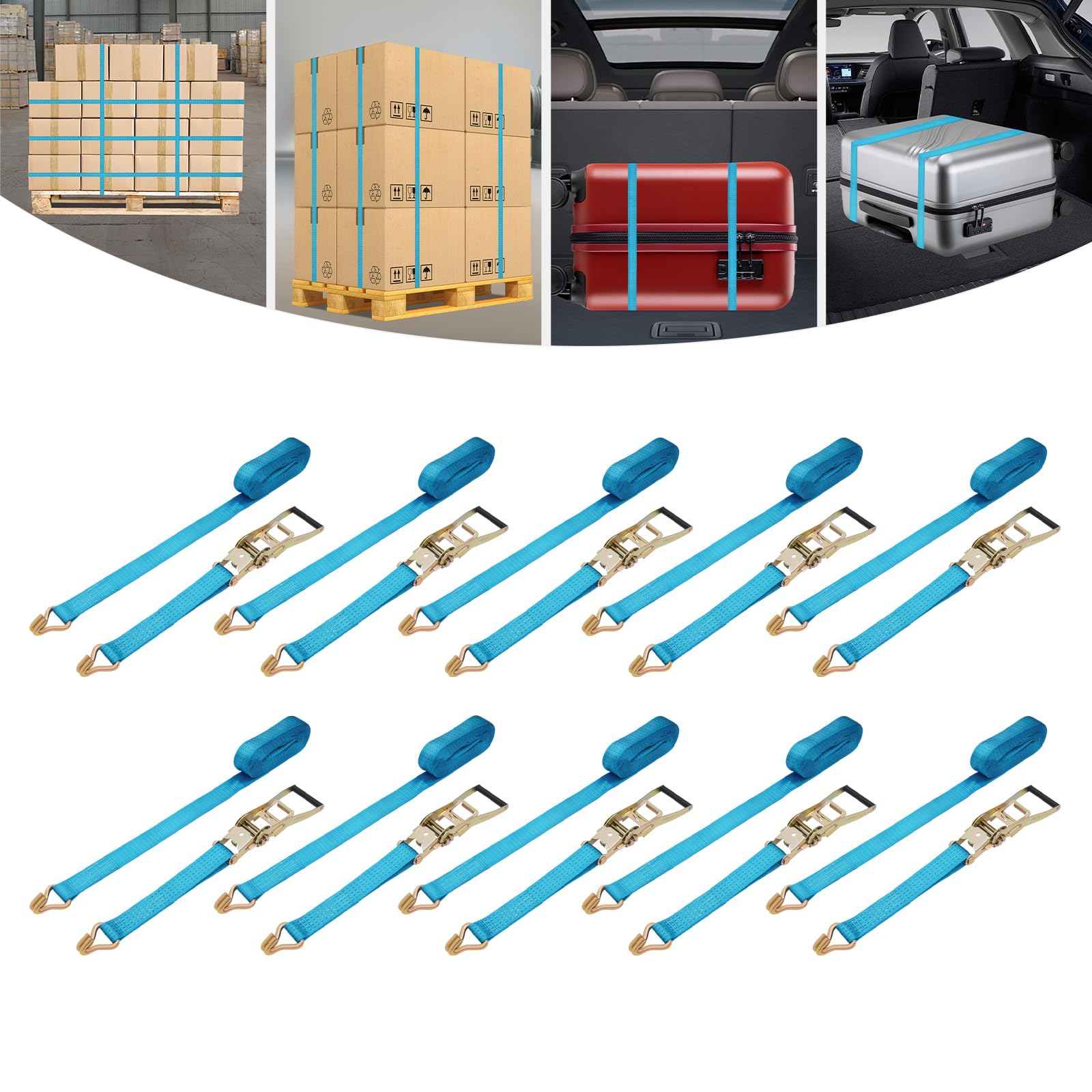 10 Stück Heavy Duty Leuchtendes Blau Ratschengurte,Tragfähigkeit 5T | Ladungssicherungsgurt Set,Arbeitszugfestigkeit 2,5t,für die professionelle Ladungssicherung auf Anhängern und LKWs verwendet