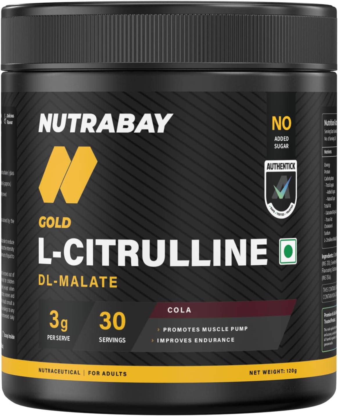 Nutrabay Gold Citrulline Malate 2:1 Supplement Powder - 120g, Cola Flavor | Boosts Nitric Oxide, Pre Workout Amino Acid for Muscle Strength & Endurance