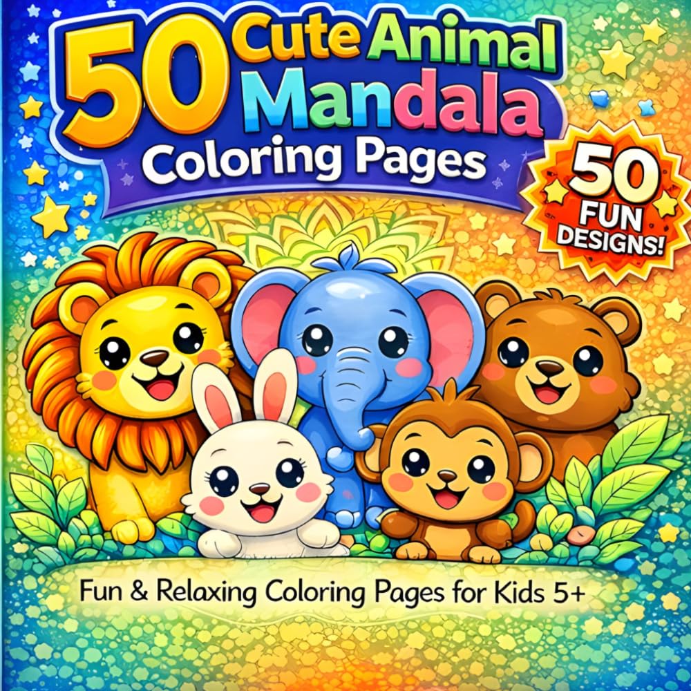 50 Cute Animal Mandala Coloring Pages for Kids Ages 5+: Fun and Easy Animal Coloring Book for Boys and Girls with Simple Mandala Designs, Relaxing Coloring Pages, and Adorable Animals