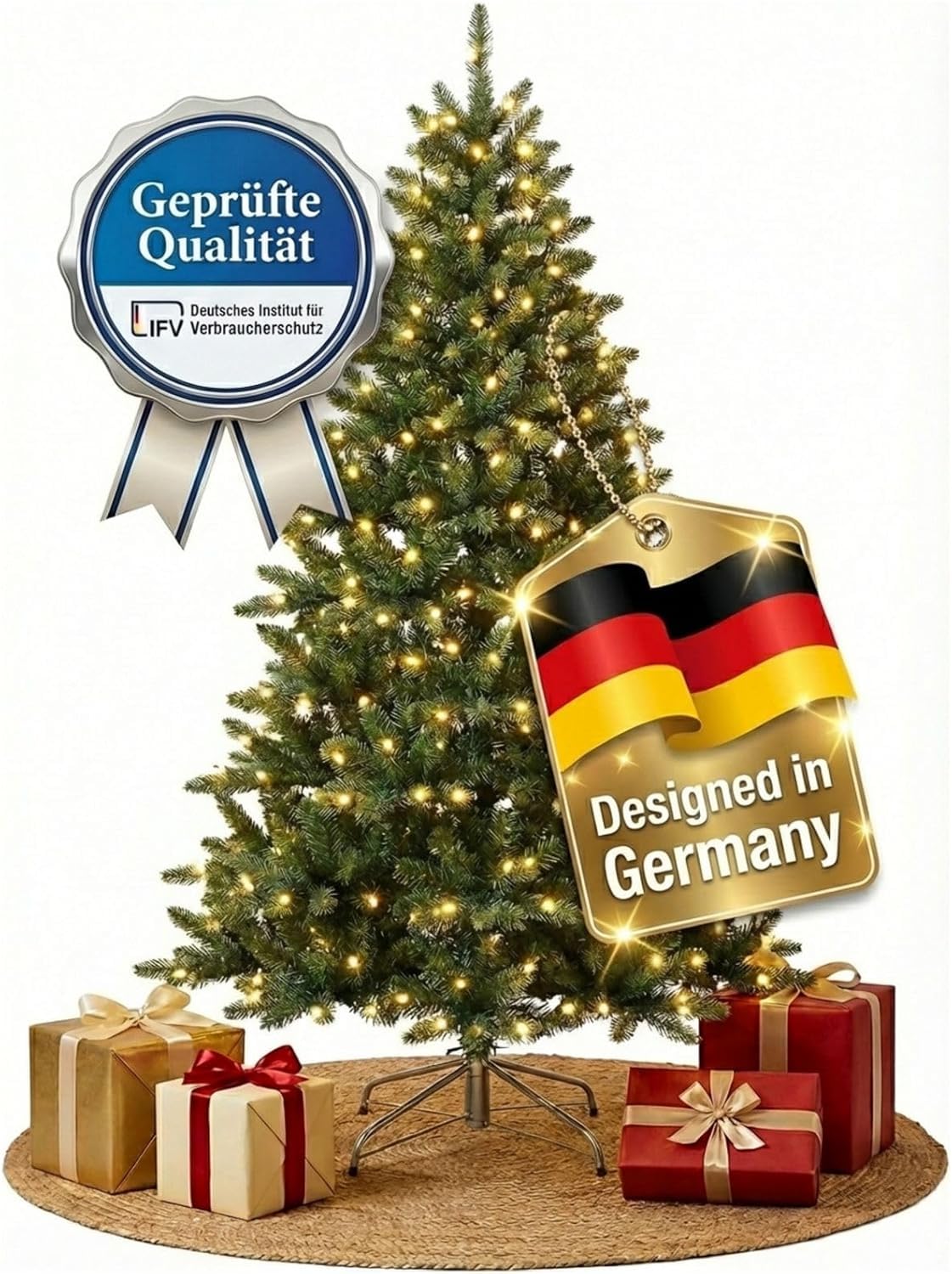 Luxus Weihnachtsbaum - Künstlich mit LED - Spritzguss Tannenbaum - Christbaum mit Standfuß-100% Voll PE- B1 Zerttifikat schwer entflammbar (120 cm)