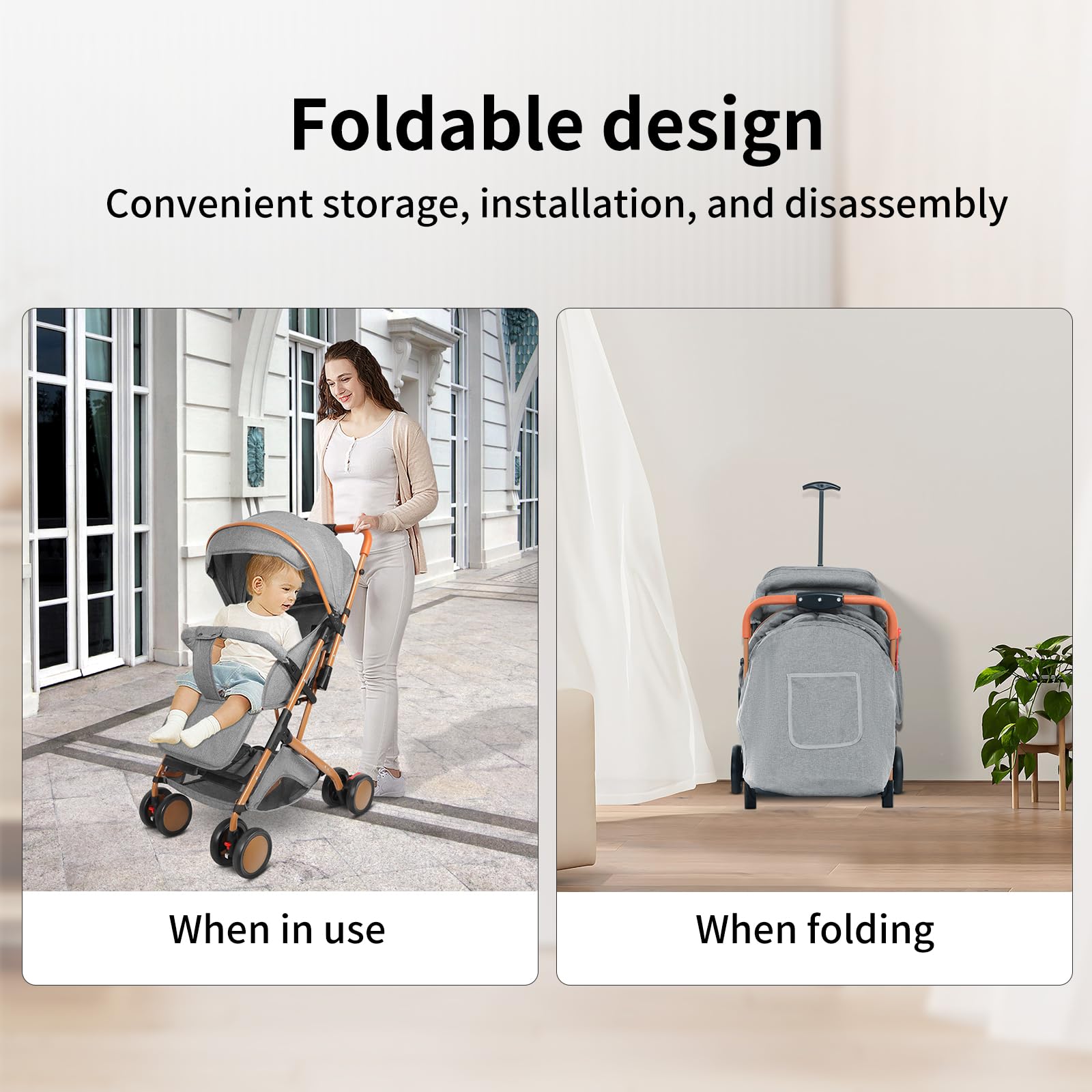 OHMG Poussette pour enfant avec nacelle, 2 en 1, ultra compacte, avec bandoulière, système de harnais à 5 points, 22 kg, utilisation à une main, dossier réglable, capot, panier, frein à pied