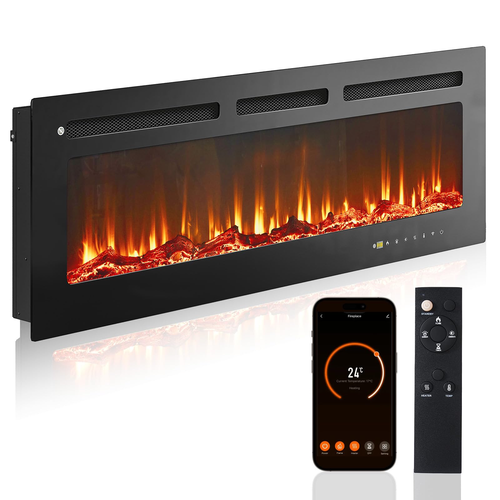 oneinmil 50” Smart Electric Fireplace Heater, Compatible with Alexa & Google Home, Wall Mount, in-Wall Recessed Fireplace Insert, Ajustable Flames,