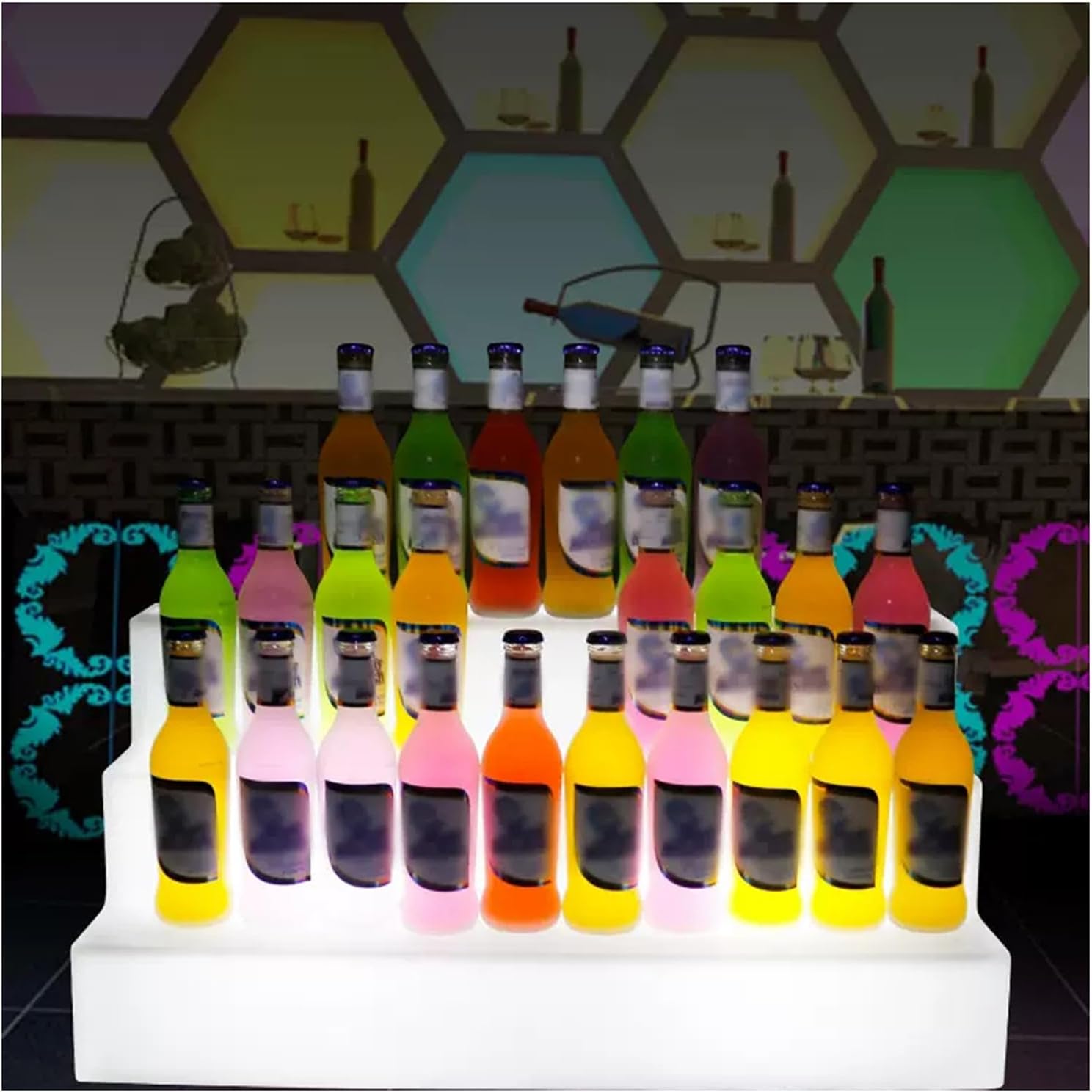 Illuminated Acrylic LED Liquor Bottle Display Shelf, 3-Step Design for Home or Commercial Bar, Stylish and Functional Storage Solution