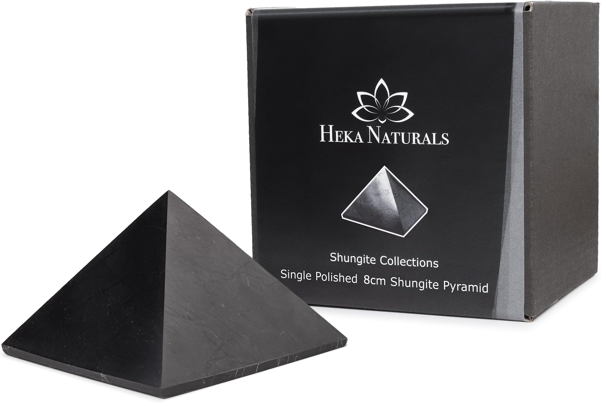 Heka Naturals Polished Shungite Pyramid Black Stone Crystal | 3 Inch - Desk Decor Shungite Stone for Home or Office - Chakra Stones, Healing Crystals, Meditation Pyramid