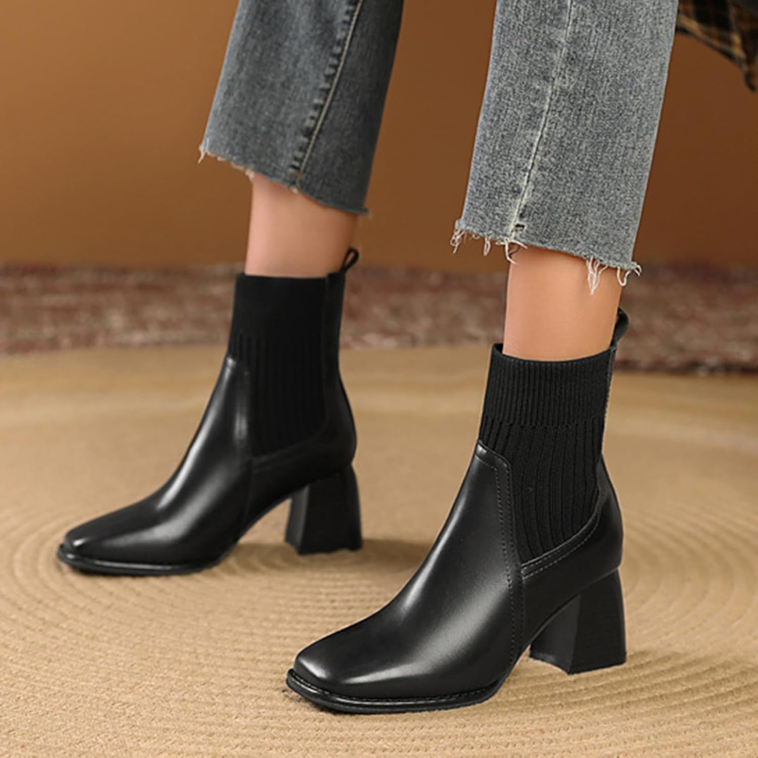 [センダ チシヨ] レディース ショートブーツ 柔らかい ニット ソックスブーツ スクエアトゥ チェルシーブーツ ストレッチブーツ