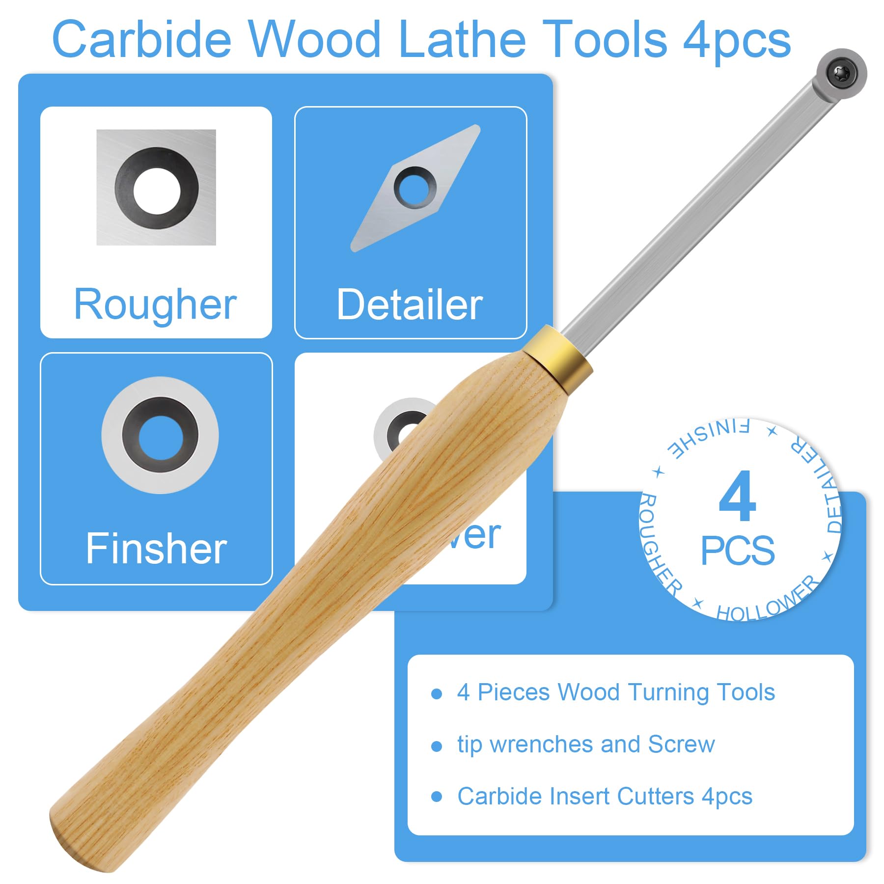 Mini-Hartmetall-Holzdrehwerkzeug-Set mit Holzgriff und 4 Hartmetall-Einsätzen, ideal zum Schruppen von Holzdrehmaschinen, Schruppen, Finishing Detailing und Aushöhlen