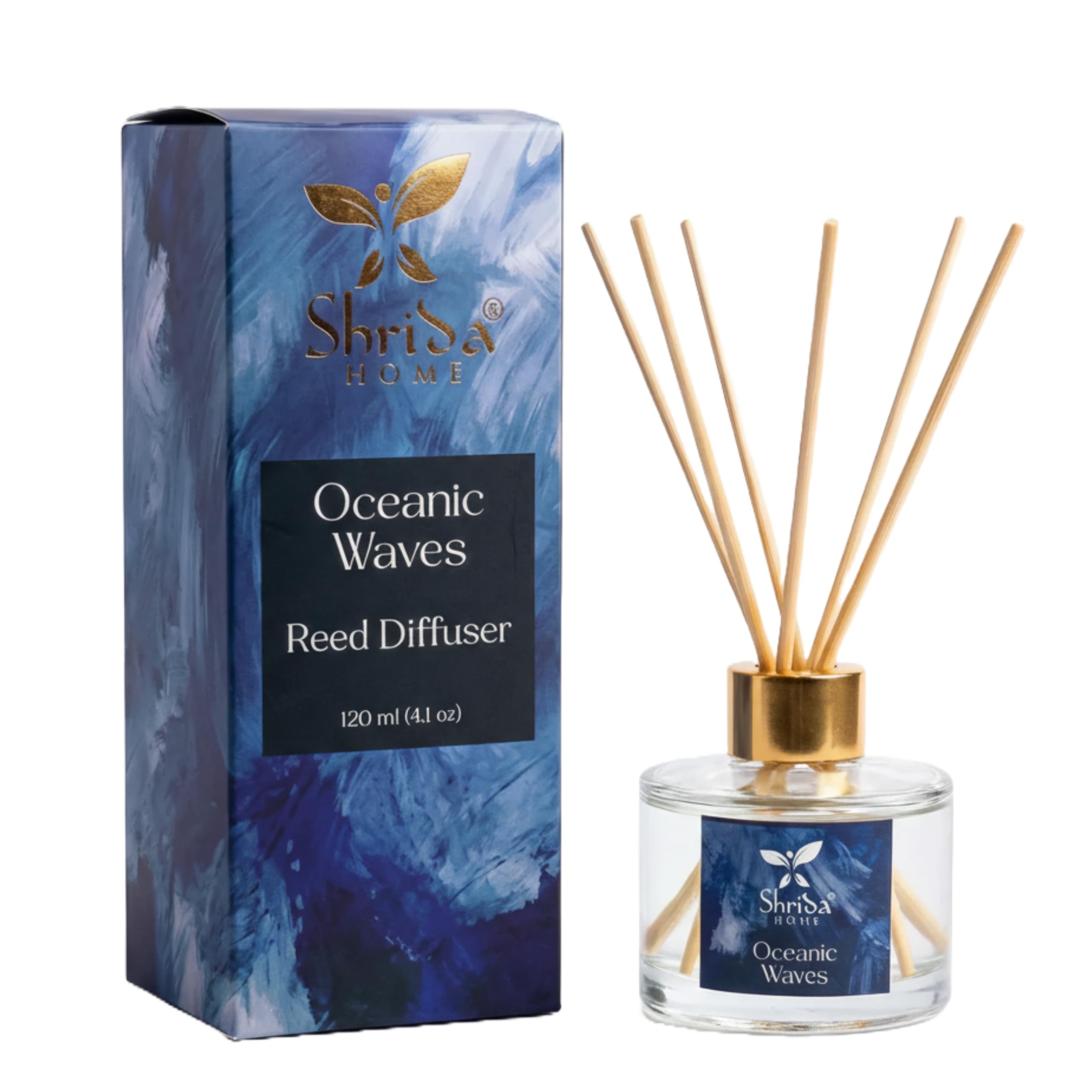 120ml Oceanic Waves Reed Diffuser Glass Set, Fresh Aroma Oil with 6 Rattan Sticks, Long-Lasting & Toxin-Free Room Freshener, Refreshing Ocean Breeze for Home, Bathroom & Office, Ideal Gift