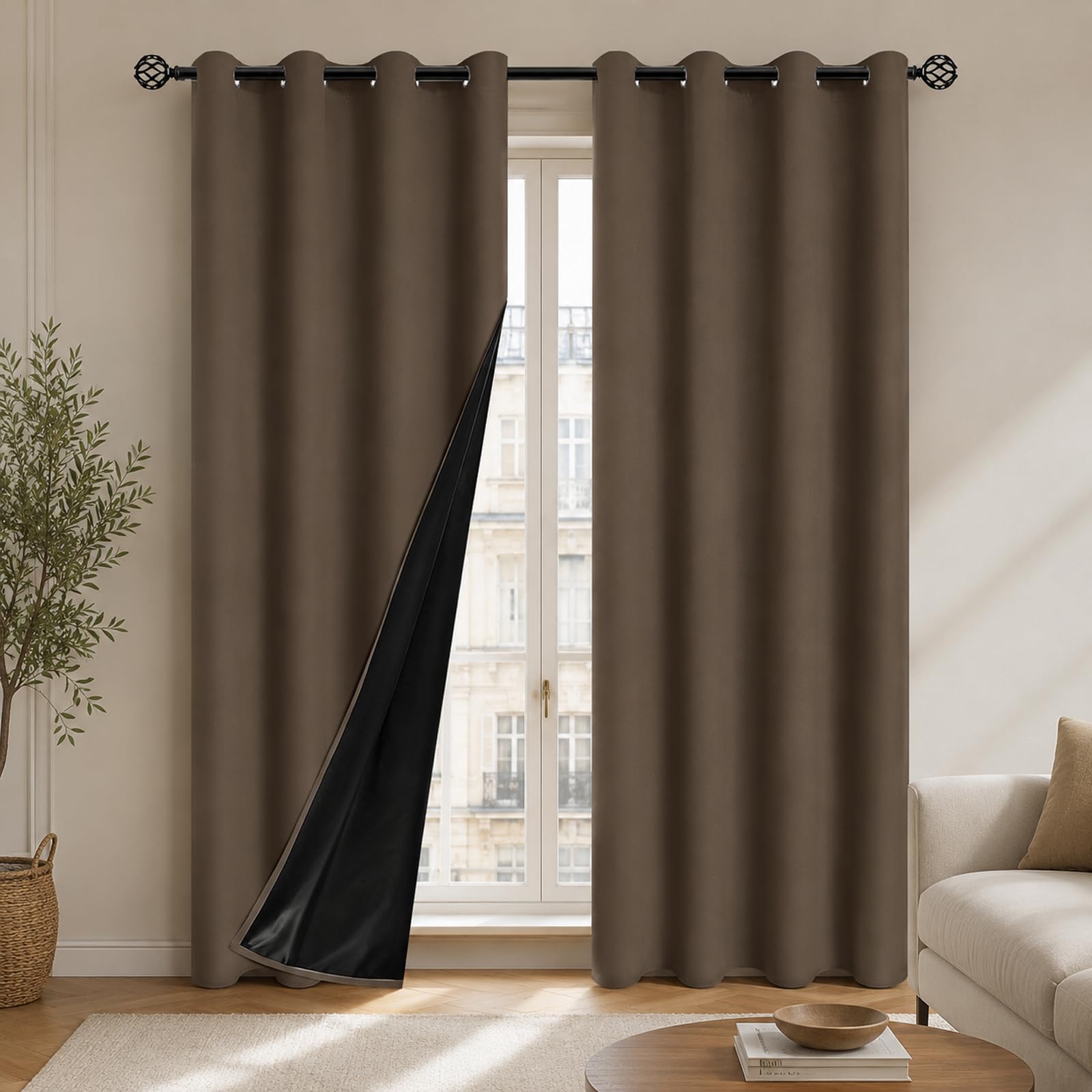 SSWH Blackout Curtains Thermal Insulated Eyelet Curtains with Black Liner, Full Light Blocking Room Darkening Window Drapes for Bedroom Living Room(Size:132x160cm/52 W x 63" L(2 Panels),Color:Coffee)