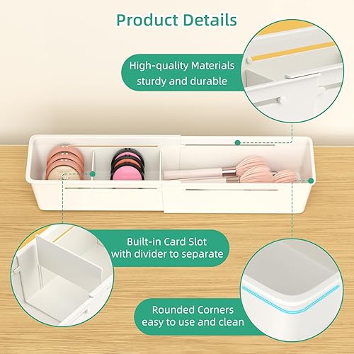 Miniatura 6 de Bandeja organizadora de cajones de escritorio, paquete de 4 organizadores de cajones expandibles con divisores ajustables, cubos organizadores de