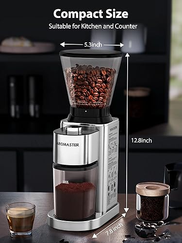 Miniatura 7 de Aromaster Molinillo de granos de café con 48 ajustes de molienda, molinillo de café cónico para uso doméstico, acero inoxidable, temporizador