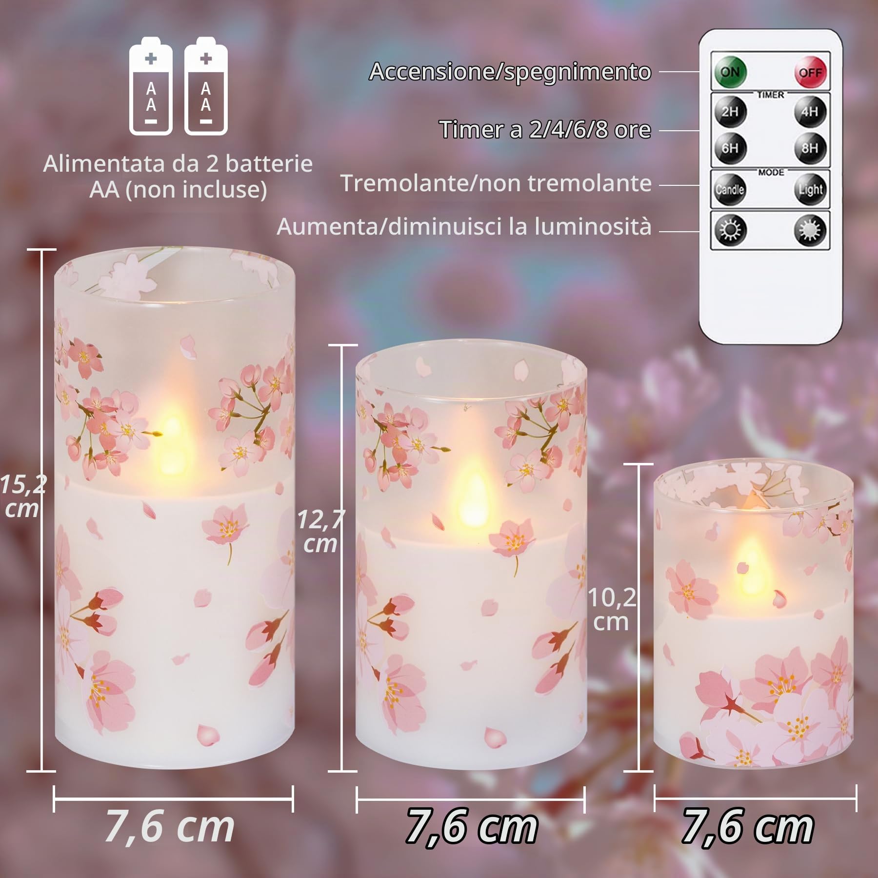 Candele LED di vetro tremolanti senza fiamma con telecomando e temporizzazione, set di 3 candele elettriche a pilastro con funzionamento a batteria, Fiori di ciliegio,7.5x10 12.5 15cm