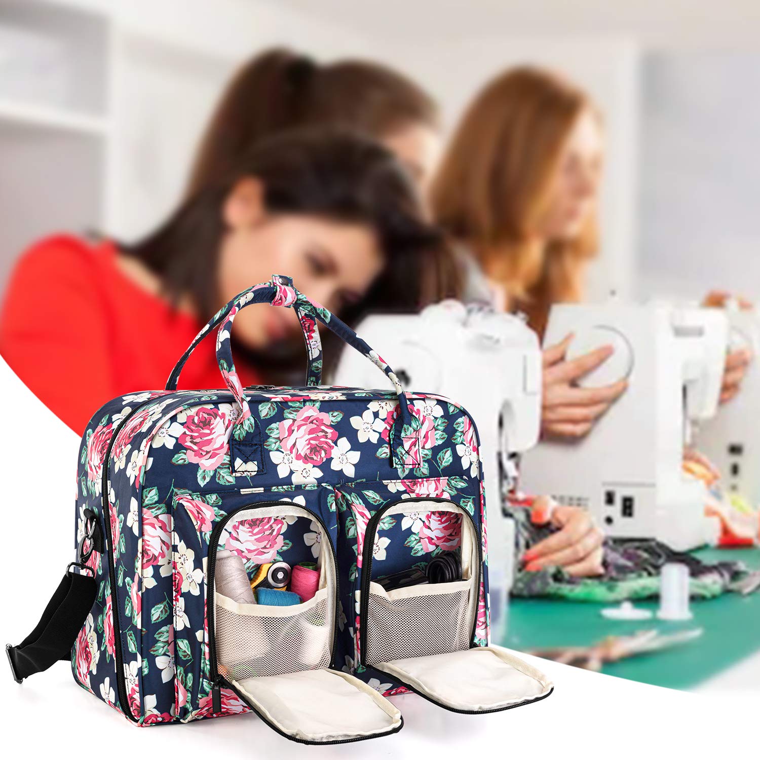 Teamoy Bolsa para Máquina De Coser, Almacenamiento De La Máquina De Coser con Protectores Inferiores De Madera por Maquinas De Coser Y Accesorios,Azul