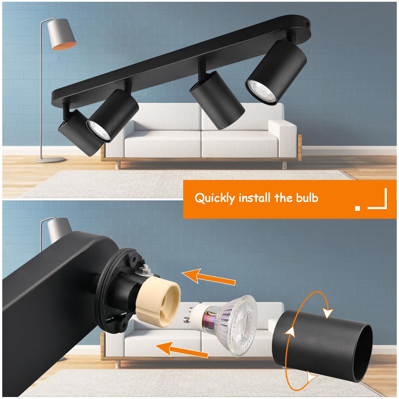 KYOTECH Lampa sufitowa LED 4 obrotowe reflektory 4 GU10 obrotowe i obrotowe reflektory sufitowe, kinkiet LED czarny matowy, dostarczany bez żarówek
