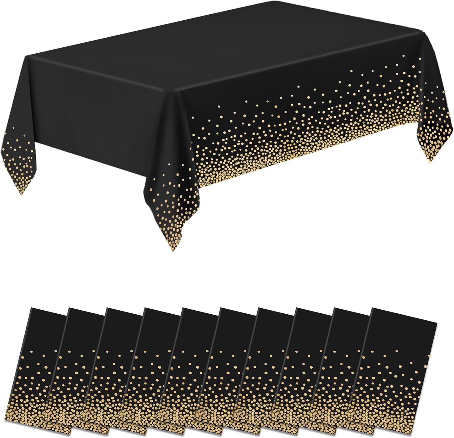EOGRFW 10 Pack Tablecloths, Black and Gold Dot Tablecloth, 54x108 In Rectangular Party Table Cover, Disposable Plastic Table Cloths for Party, Birthday, Wedding, Picnic, Christmas, Baby Shower