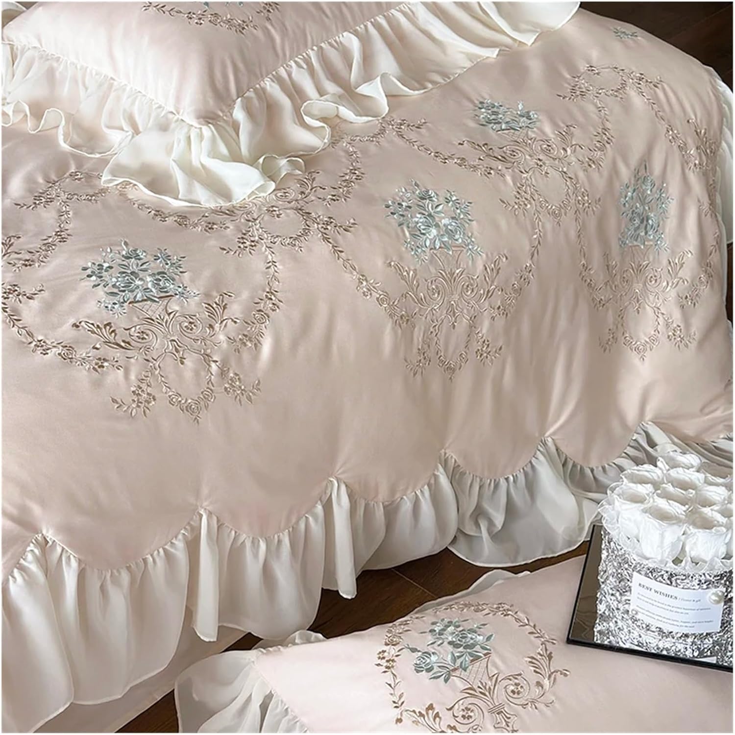Rose Flowers Embroidery Lace Ruffles Duvet Cover Bed Sheet Pillowcases 1000TC Egyptian Cotton French V-intage Wedding Bedding Set,Bed