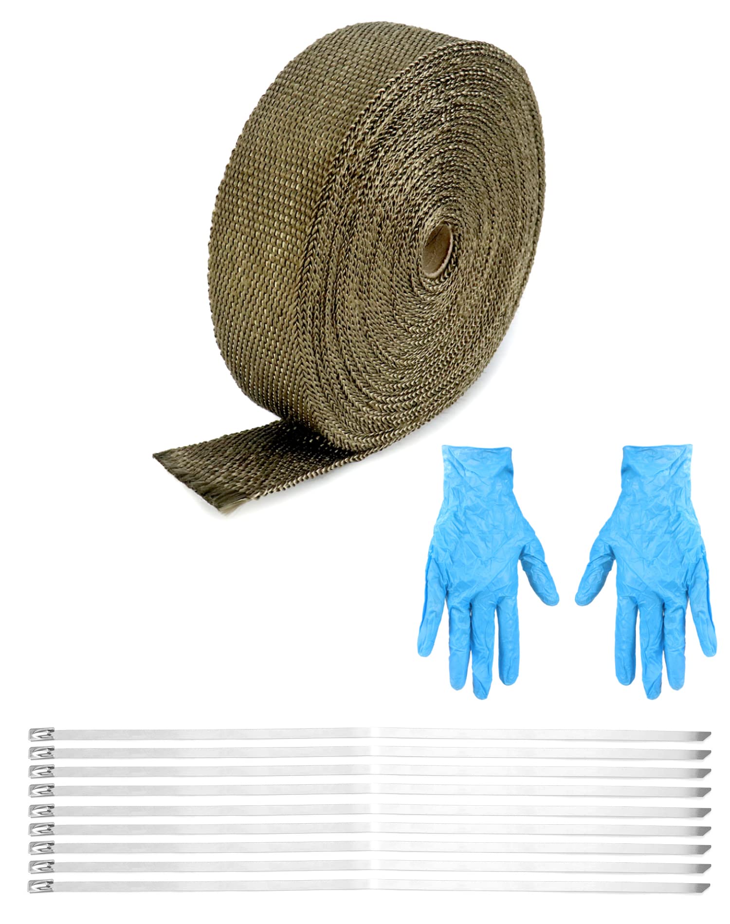 QWORK® 15 m X 5 cm Titanium Motorcycle Exhaust Wrap Roll, Exhaust Manifold Downpipe Heat Wrap Roll, 10Pcs Stainless Steel Ties + Gloves