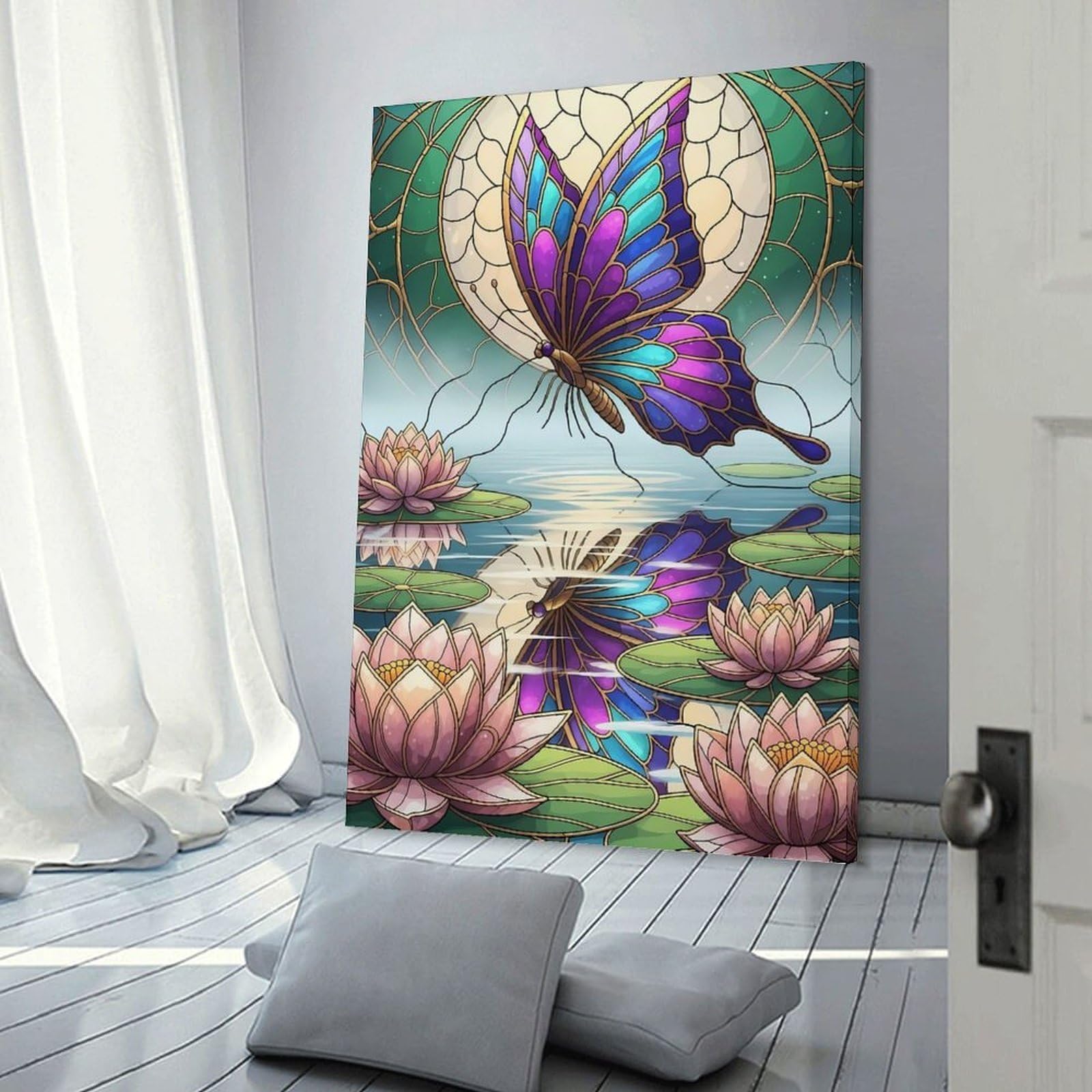 Junmoney Canvas Wall Decor Butterfly And Lotus Flowers Stained Glass, 12x18inch(30x45cm), for Lounge Decor, Bedroom Walls Or Flats, Eye Catching Artwork for Blank Walls