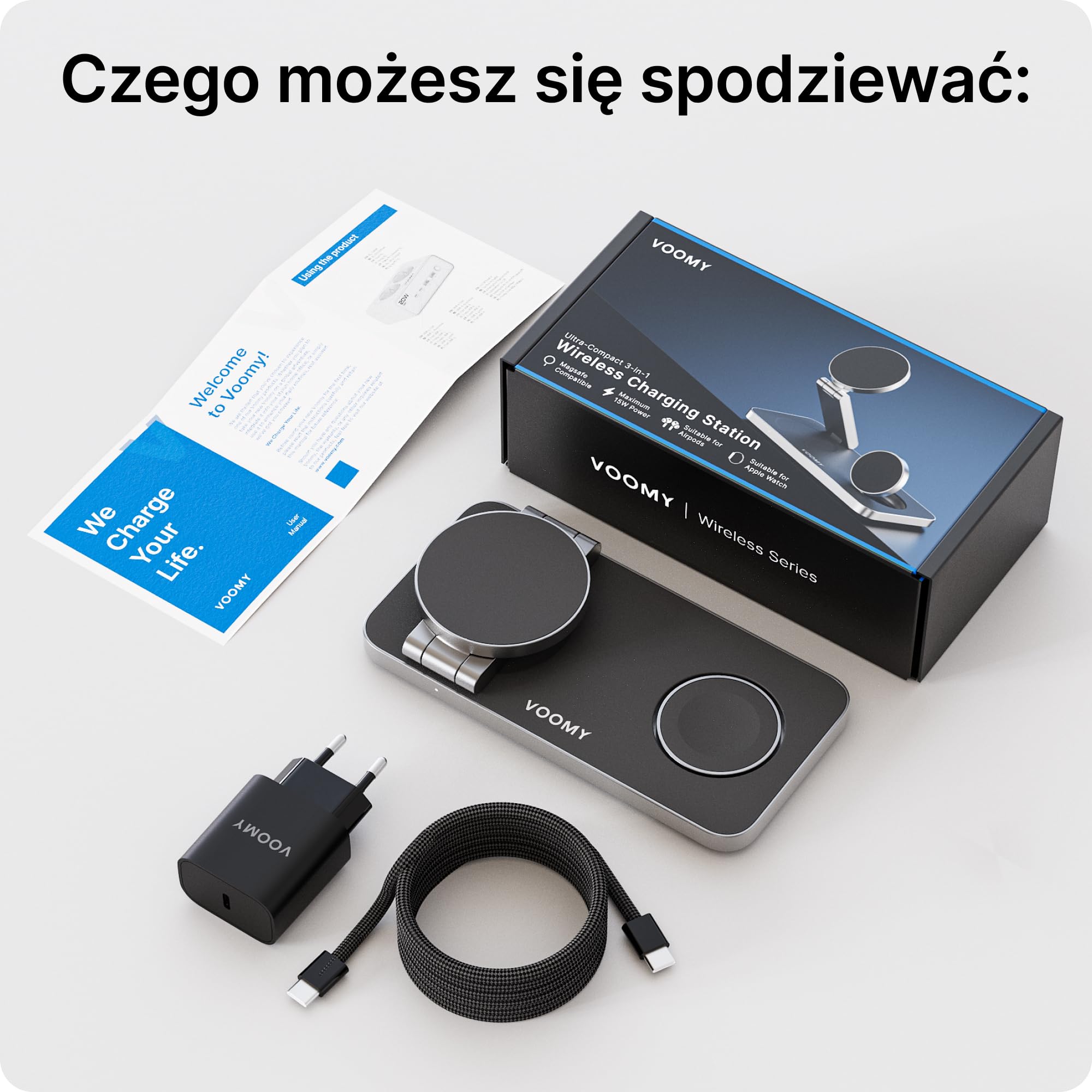 VOOMY Stacja Ładowania Bezprzewodowa 3-w-1 15W – Aluminiowa Ładowarka Składana, Szybkie Ładowanie, Kompatybilna ze Smartfonami, Smartwatchami i Słuchawkami Bezprzewodowymi