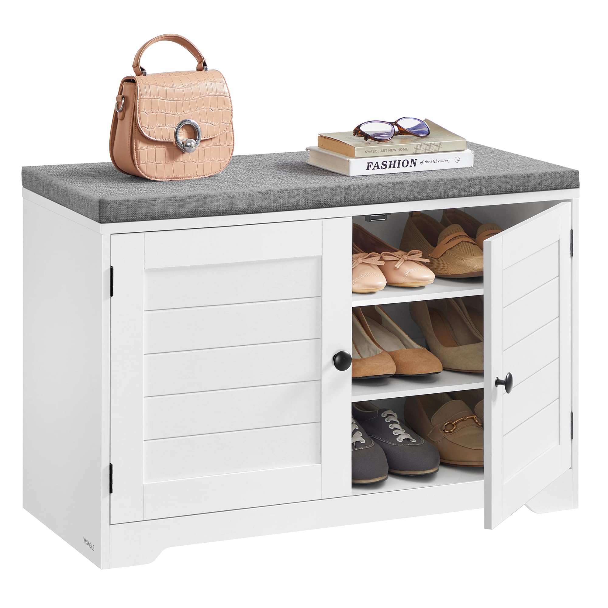 VASAGLE Schuhbank, 3 Ebenen, Sitzbank mit Stauraum, Türen und Sitzkissen, Schuhregal mit höhenverstellbaren Ablagen, 35,5 x 81 x 52,5 cm, für Flur Schlafzimmer, wolkenweiß-Taubengrau LSB034W01