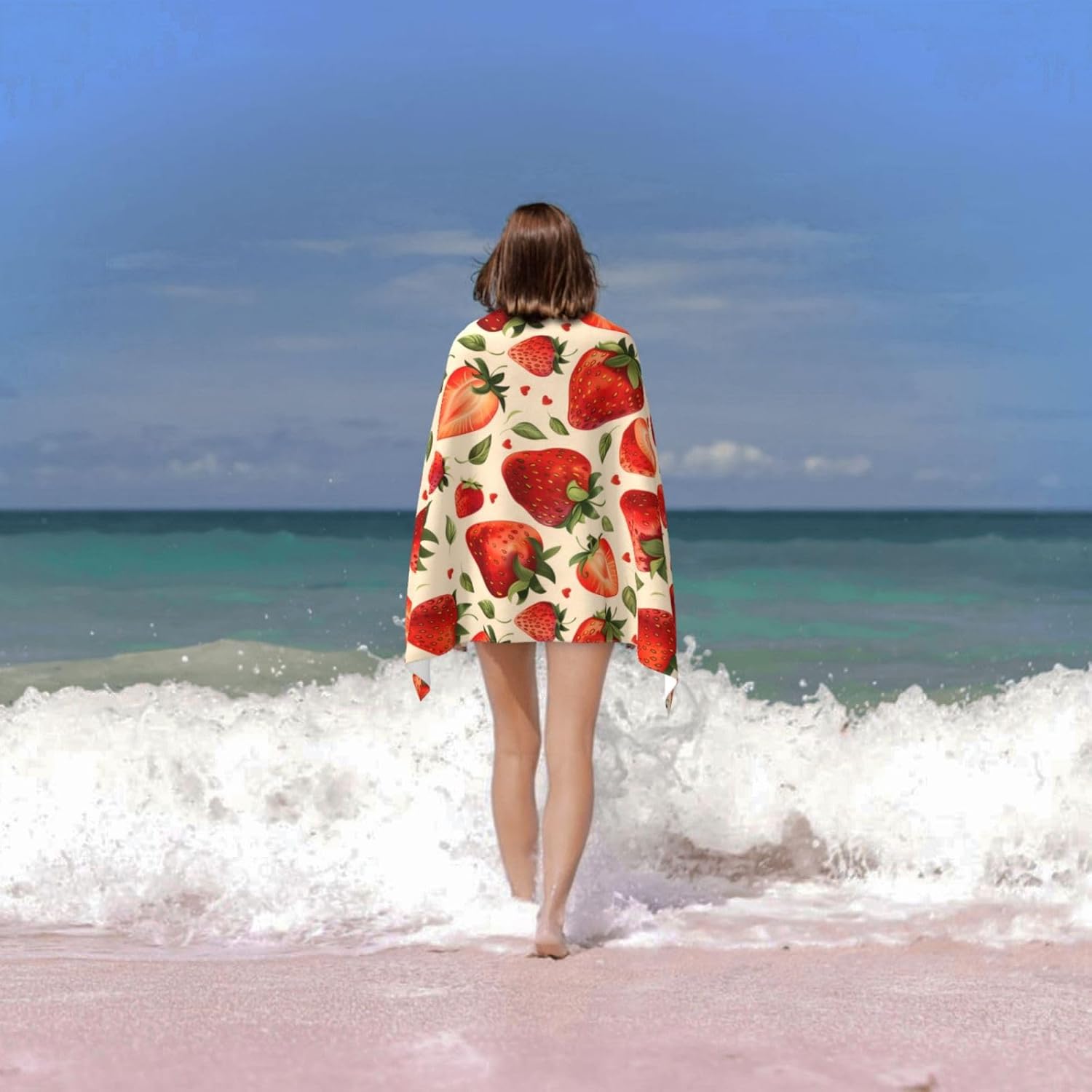 Juicy Strawberry Beach Towel, Microfiber Oversized Quick Dry Sand Proof Lightweight Bath Pool Sweet Fruit Towel for Women Adults Kids, Soft Absorbent Towels for Travel Swim 32×52 in