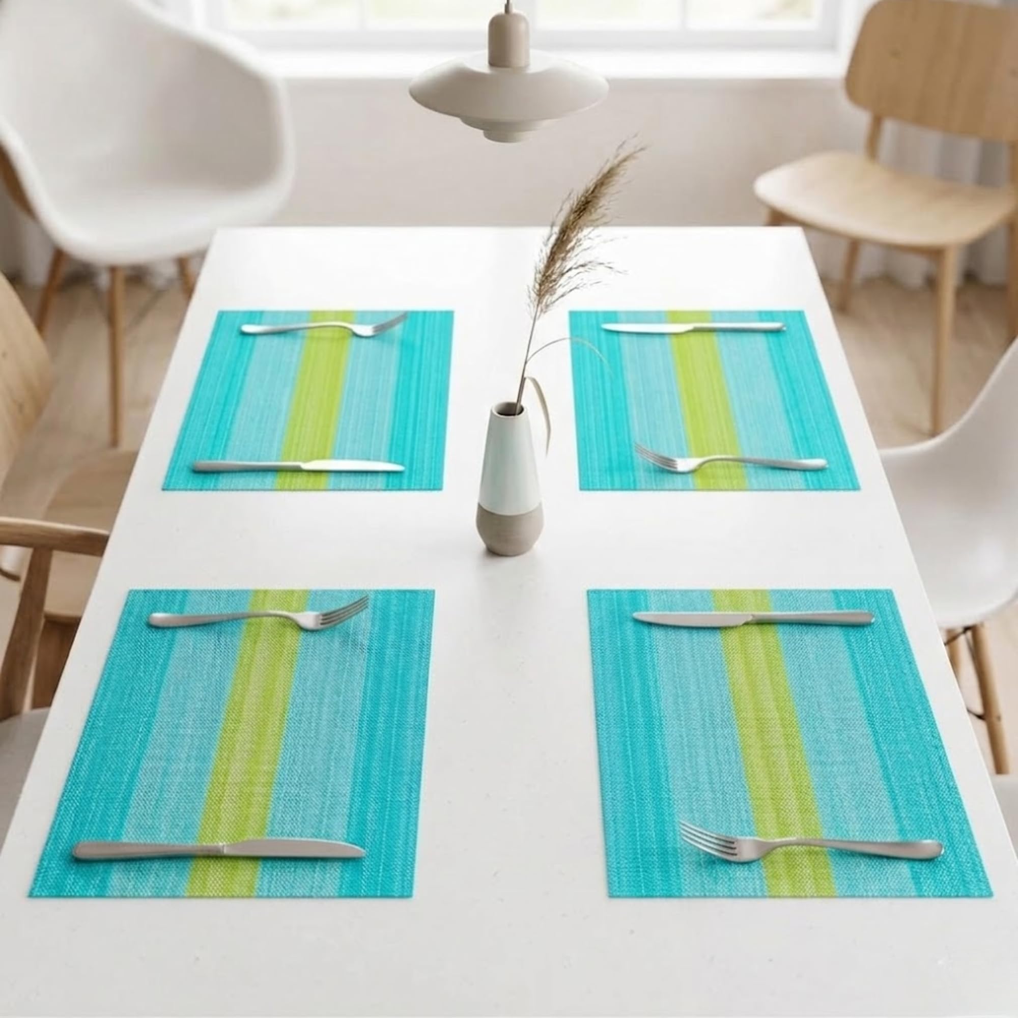 daiDokoro Rectangular Crossweave Woven PVC Vinyl Non-Slip Insulation Heat-Resistant & Waterproof Stain Resistant Washable Placemat for Dining & Kitchen Table-(Light Blue,Set of 4)